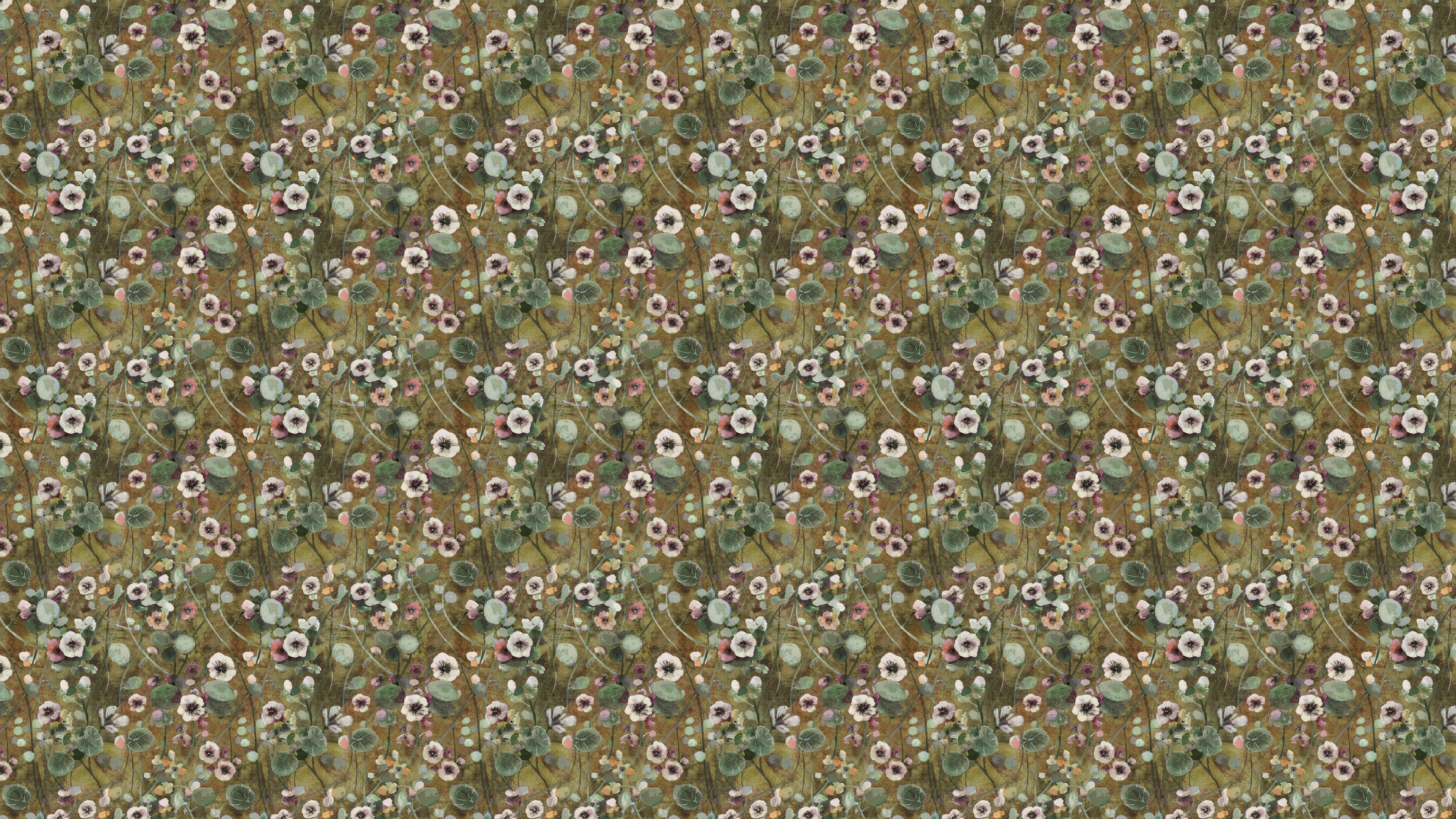 Reval Wallpaper Krasse - Ochre – Handmålad tapet med levande blommor i varma ockra toner – högkvalitativ tapet för en pers...