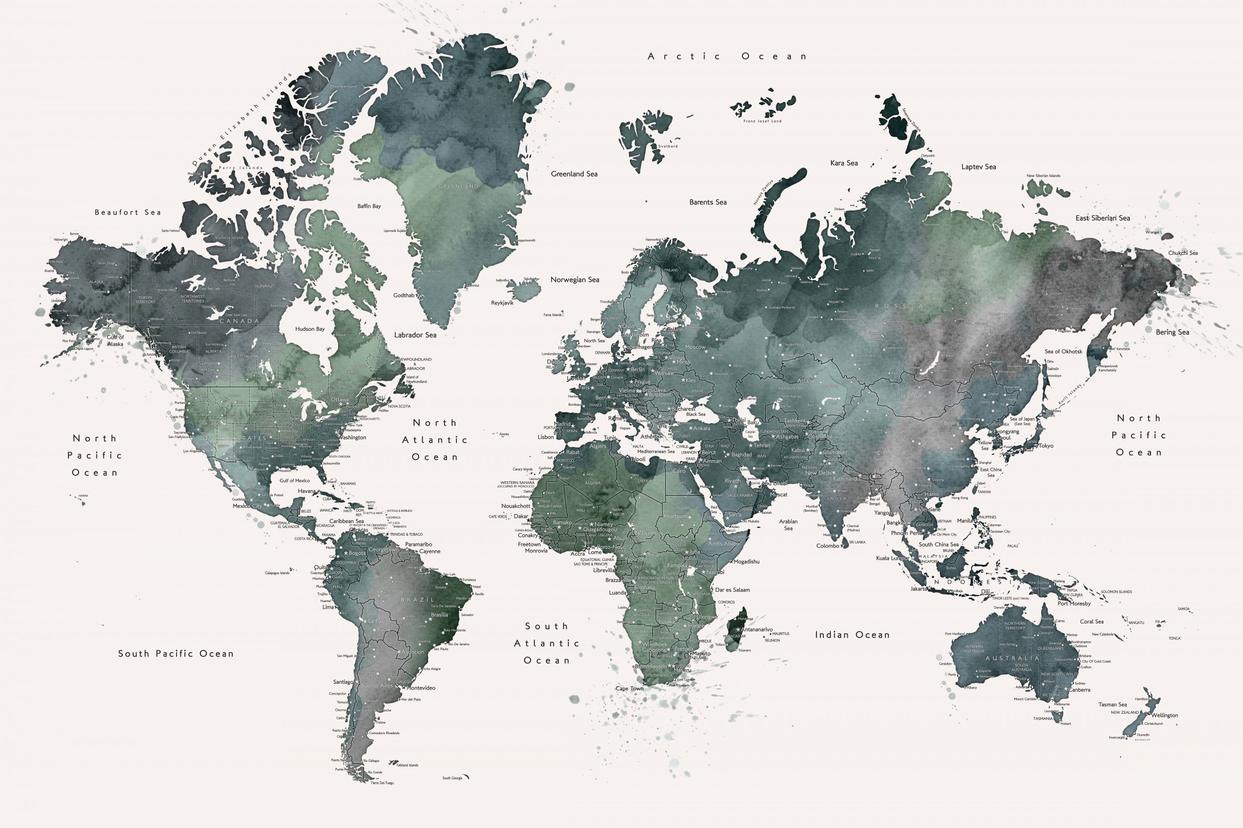 Watercolor world map with cities, Makoa