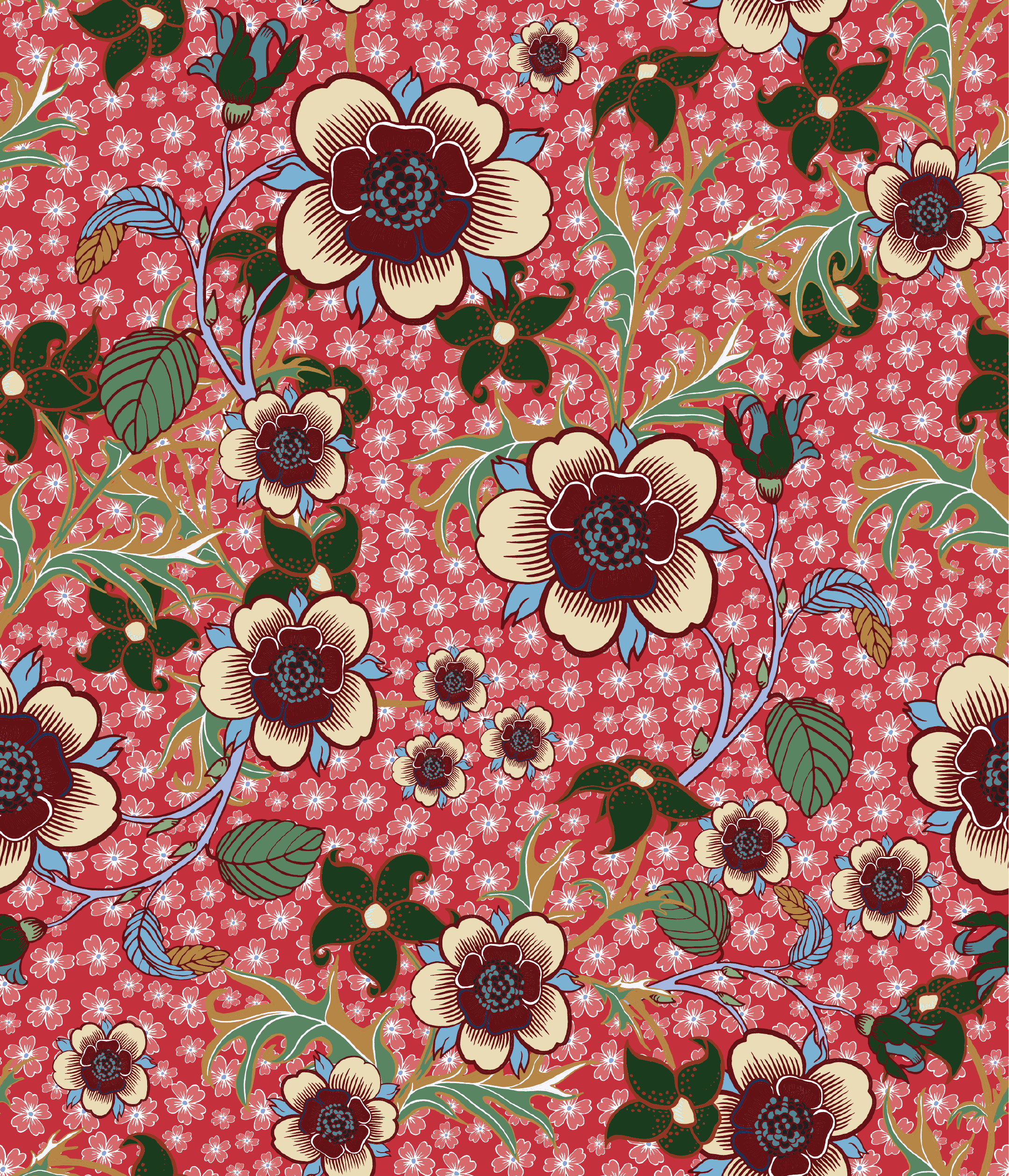 Springtime - Läppröd - Färgglad blommig tapet i röda toner