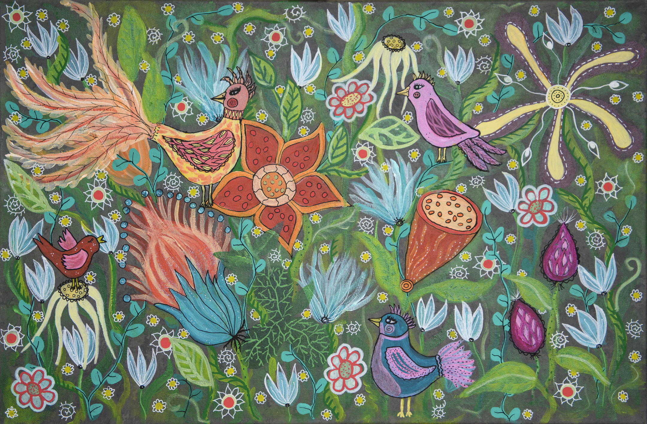 Ellinors Magical Garden - Färgstarkt fototapet med fåglar och blommor i magisk trädgård