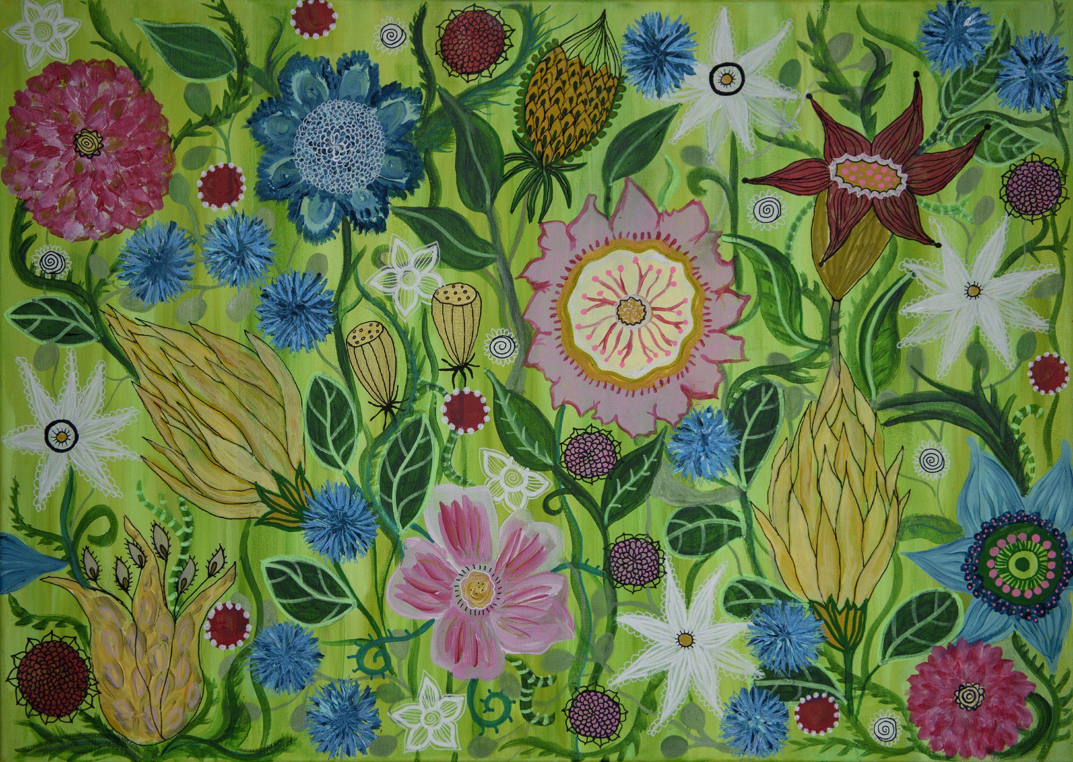 Ellinors Flower Power - Green - Färgstarkt fototapet med blommor i gröna toner