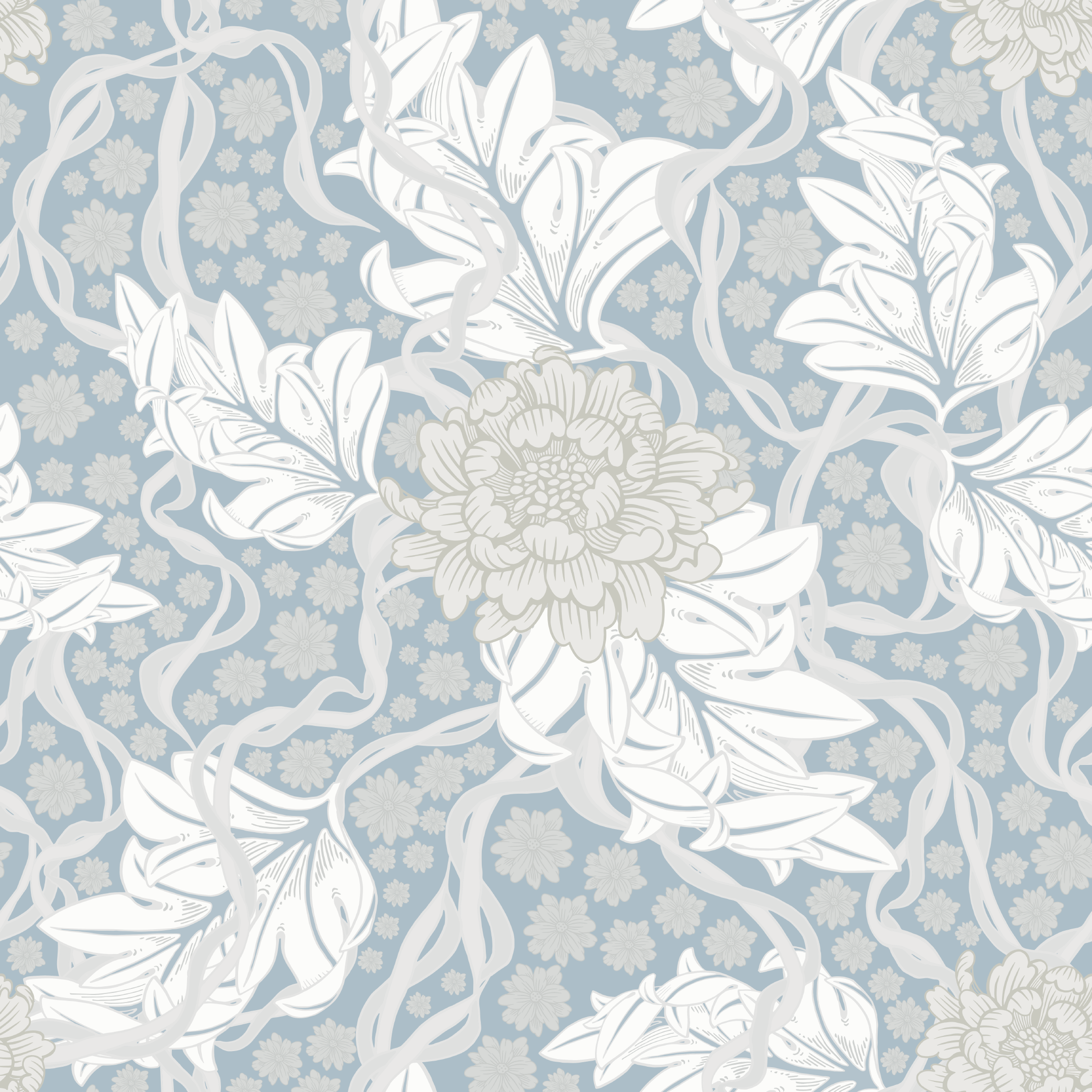 Akantusblomma - Dimblå - beige – Elegant tapet med stormönstrad blomprakt