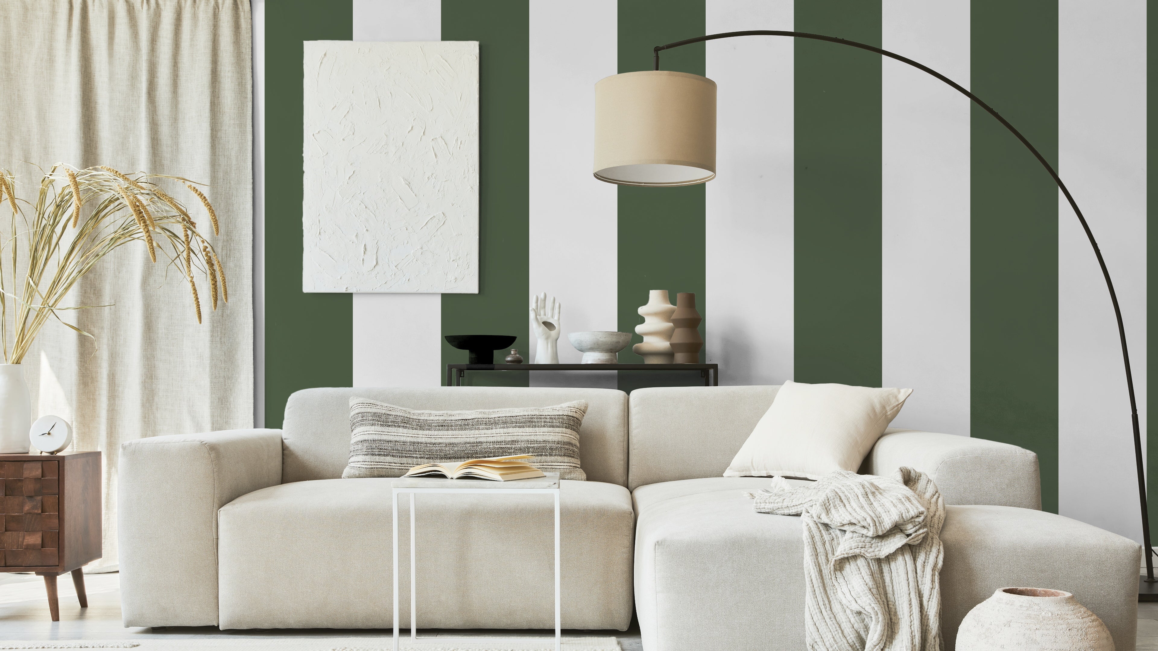 Big Stripes - Vit/olivgrön X-Large - Klassisk randtapet med tidlös elegans