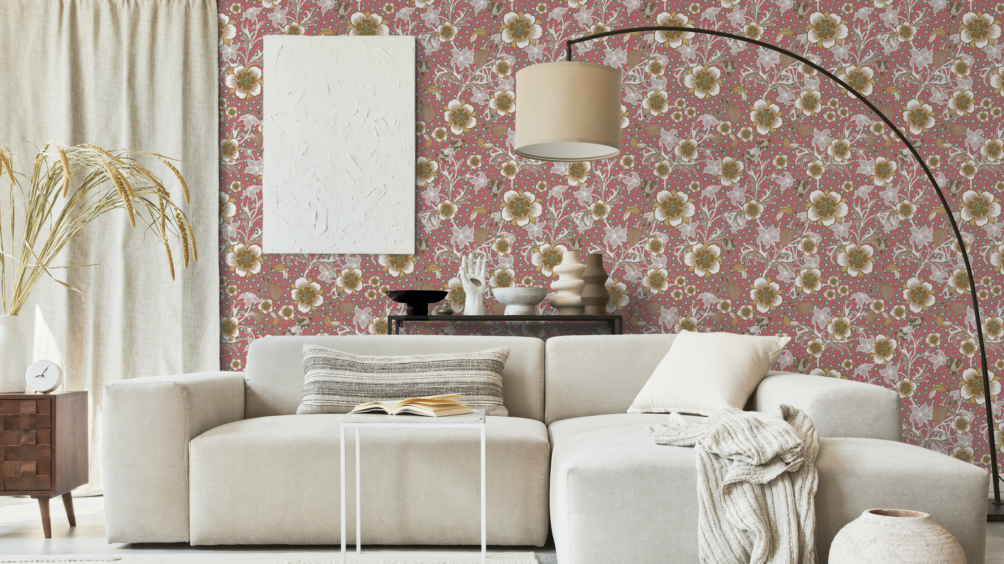 Springtime - Rosrosa - Färgglad tapet med blommor och grönska