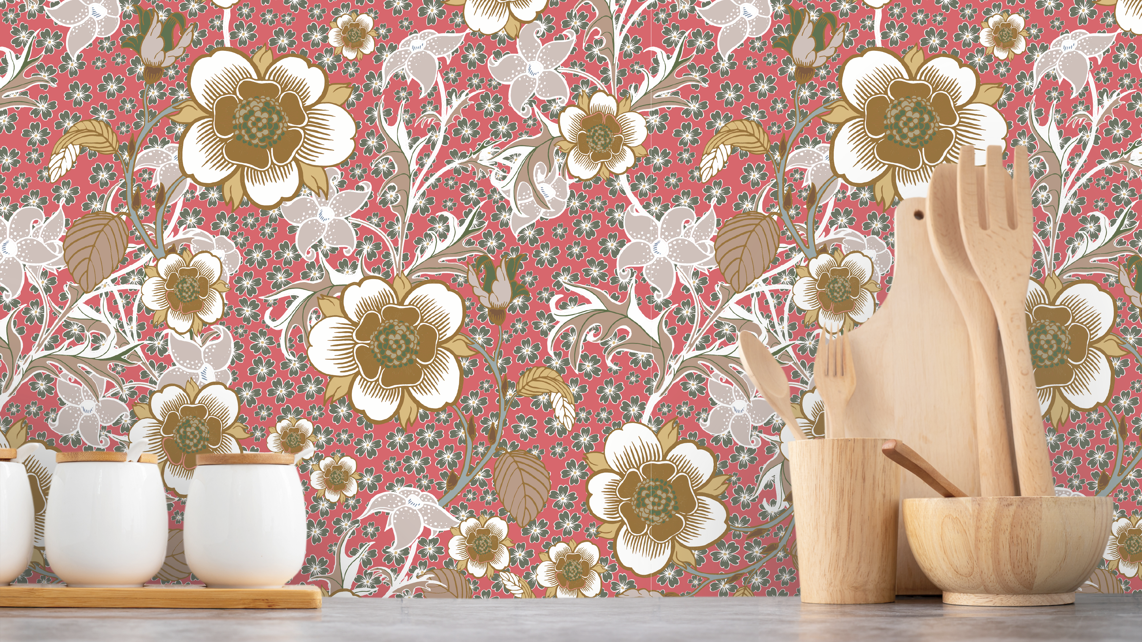 Springtime - Rosrosa - Färgglad tapet med blommor och grönska