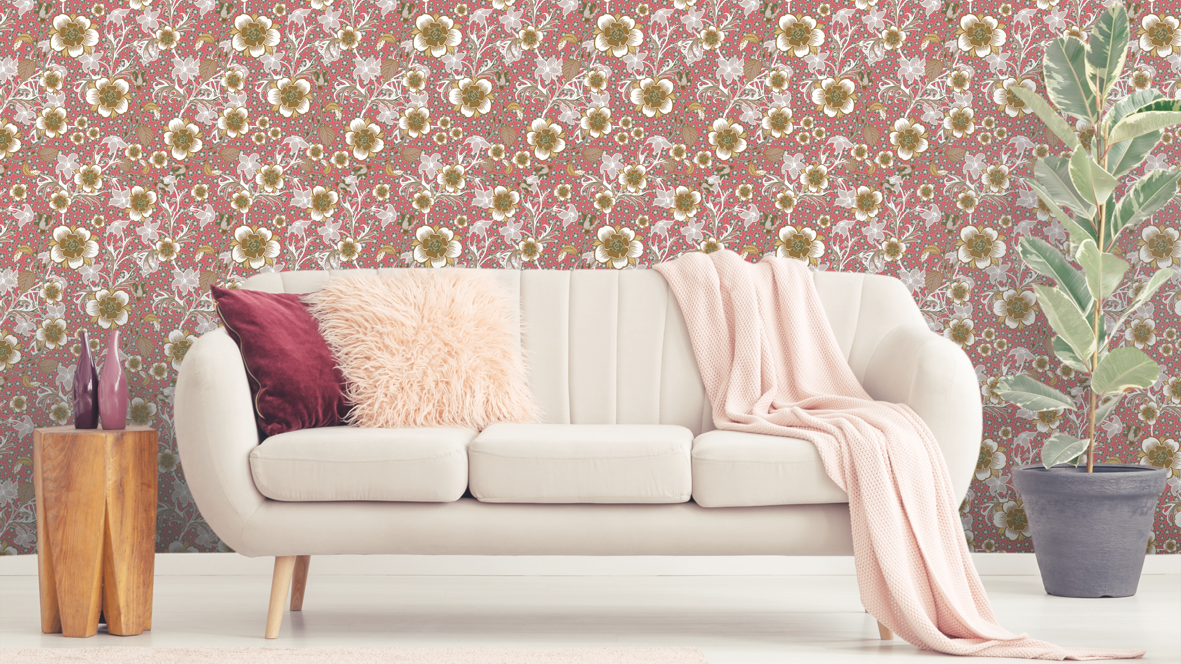 Springtime - Rosrosa - Färgglad tapet med blommor och grönska