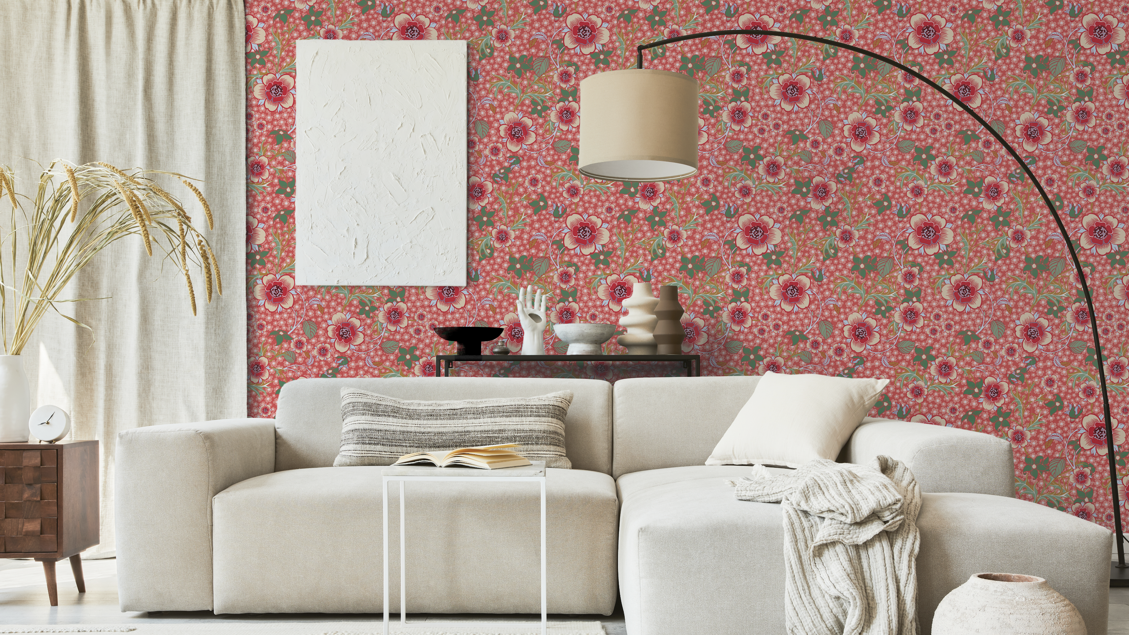 Springtime - Röd - Färgglad tapet med blommor och grönska