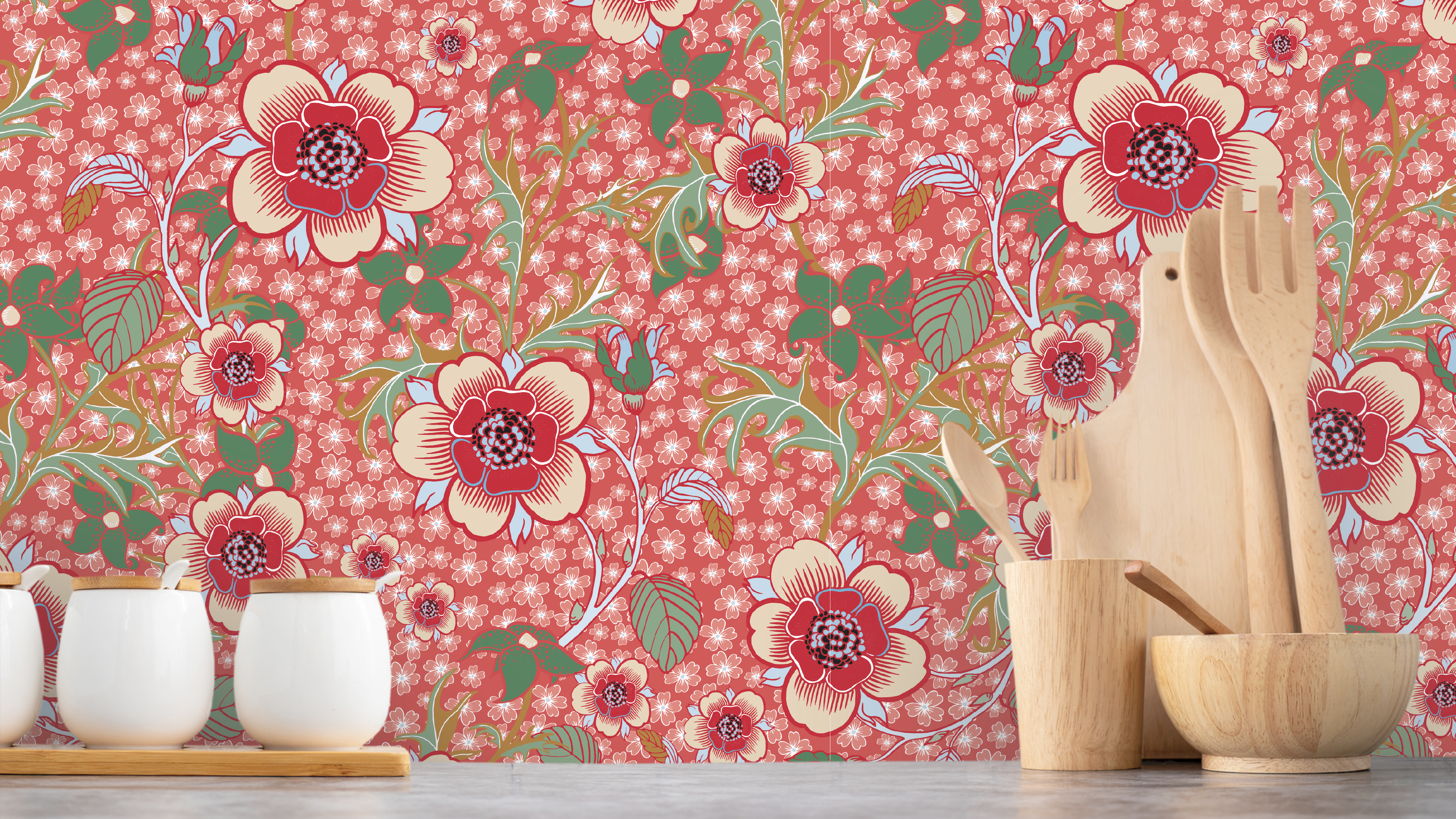 Springtime - Röd - Färgglad tapet med blommor och grönska