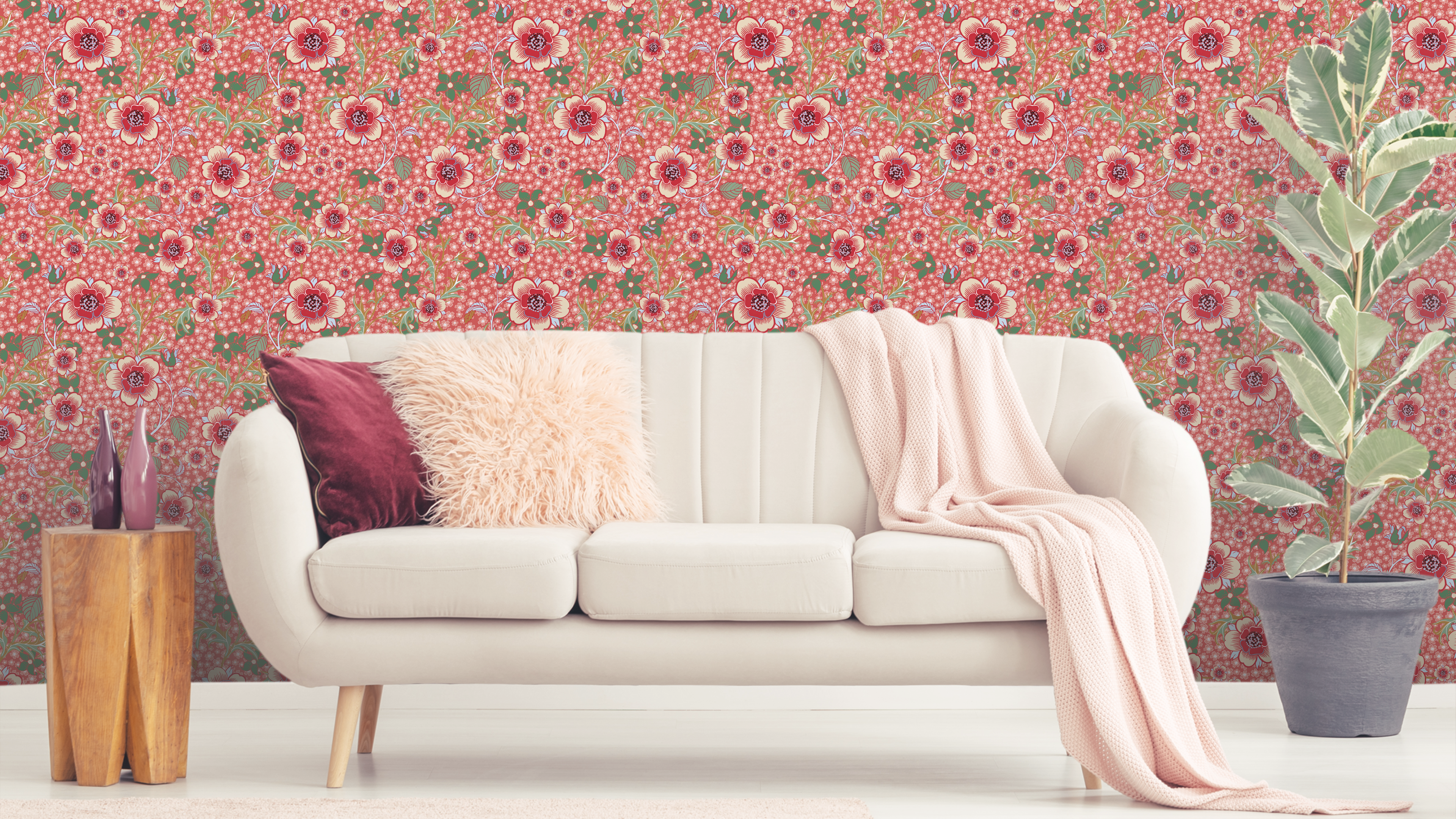 Springtime - Röd - Färgglad tapet med blommor och grönska