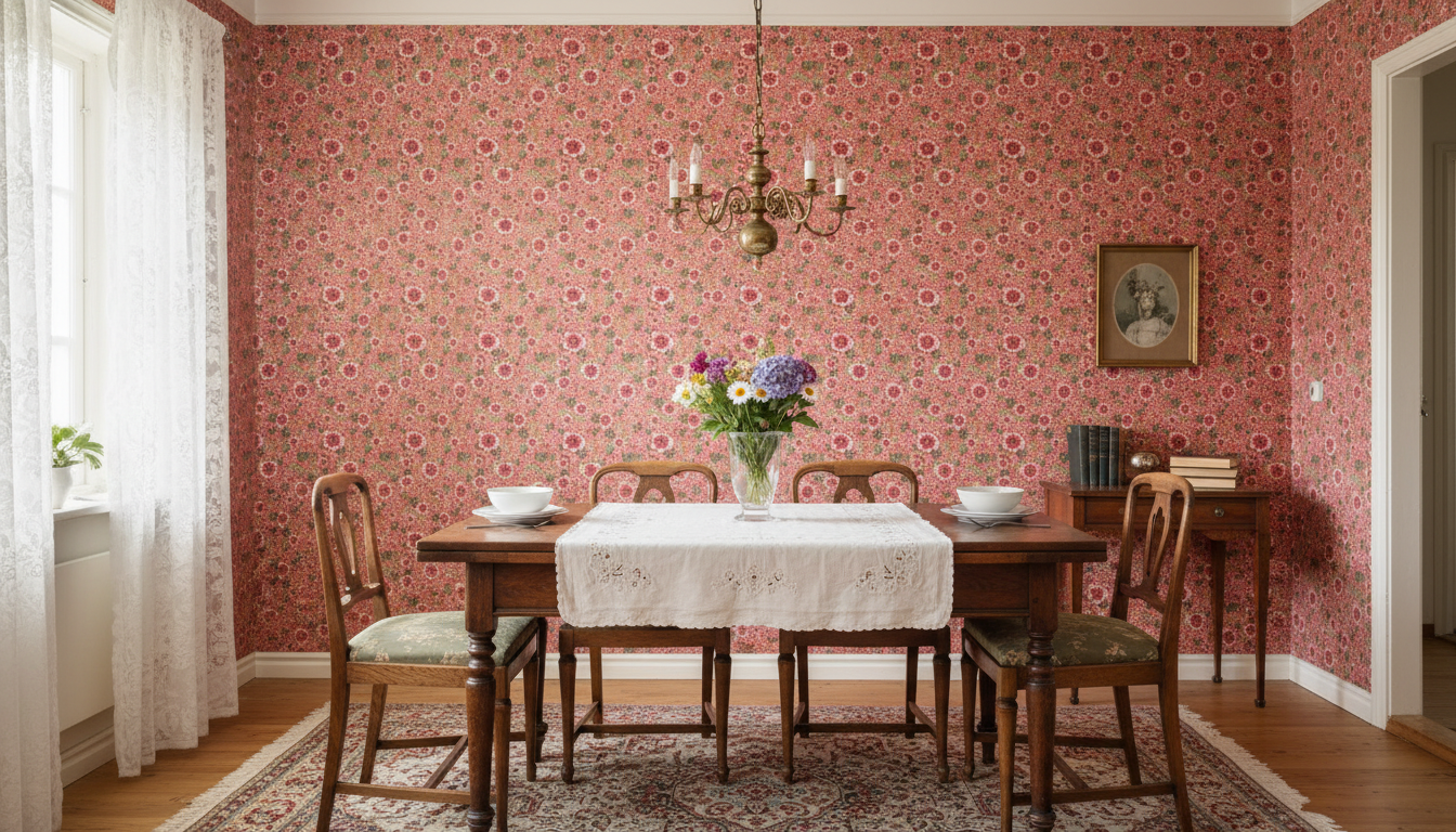 Springtime - Röd - Färgglad tapet med blommor och grönska