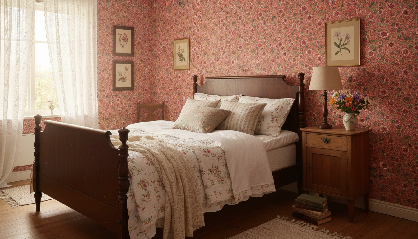 Springtime - Röd - Färgglad tapet med blommor och grönska