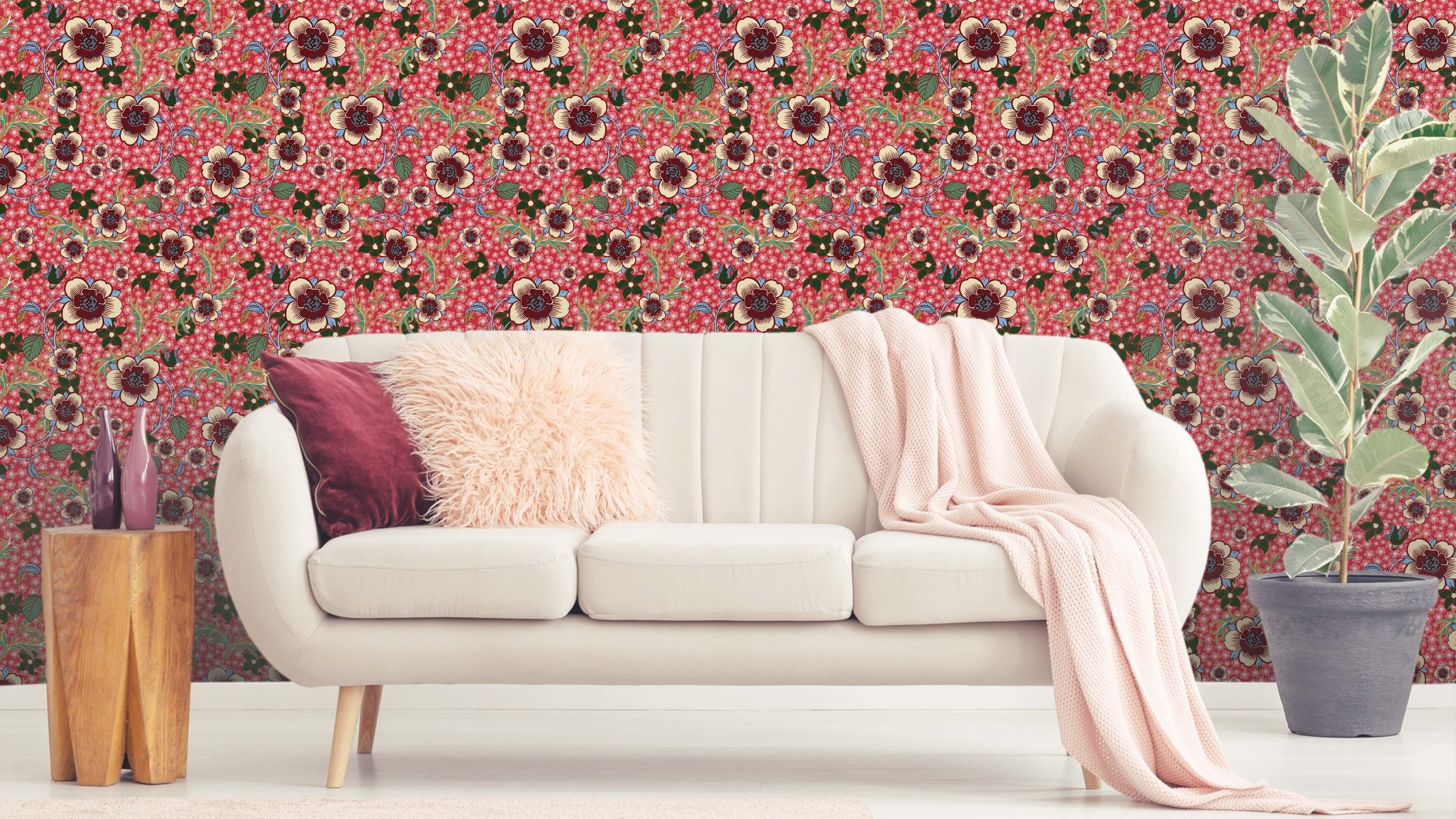 Springtime - Läppröd - Färgglad blommig tapet i röda toner