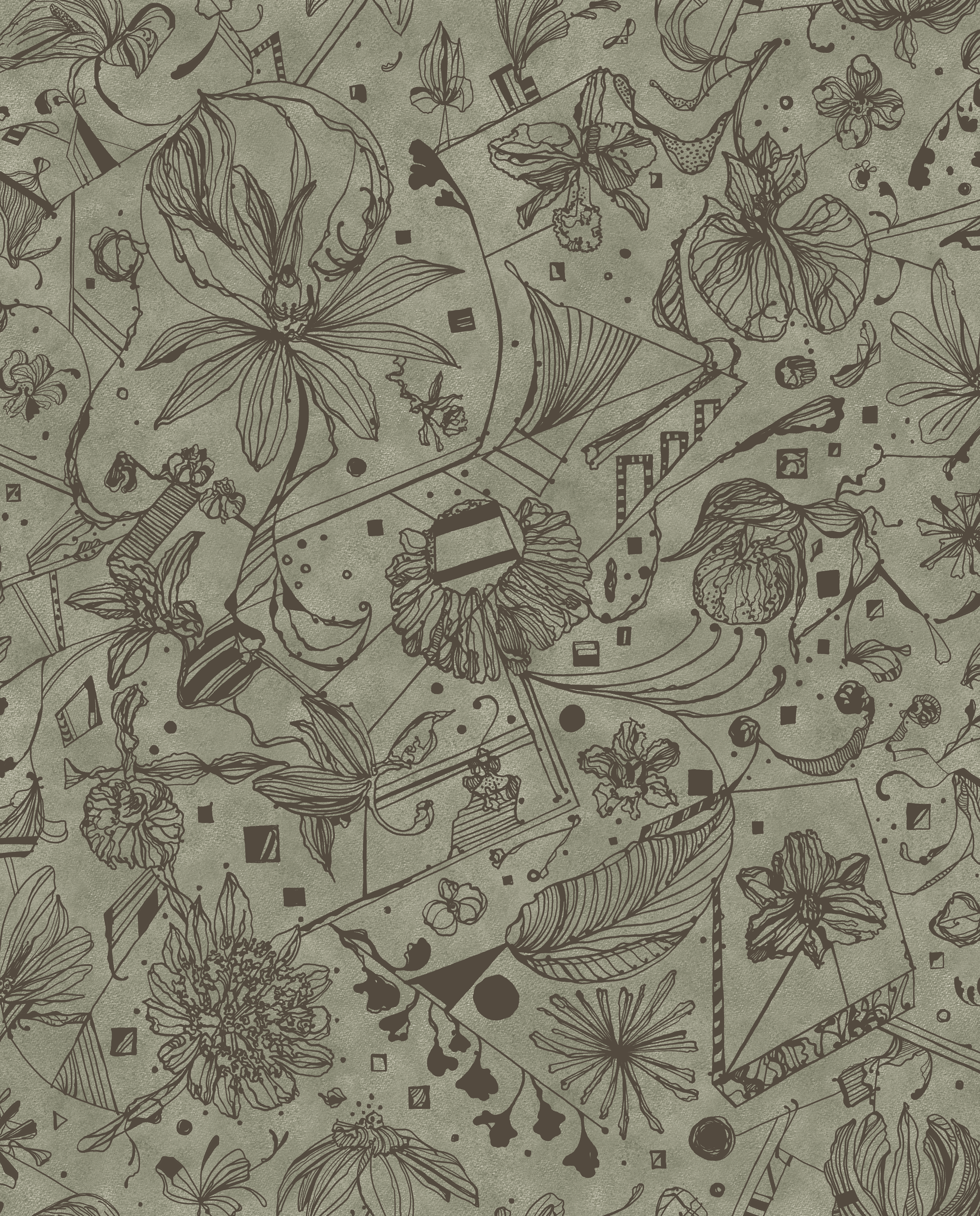 Floralies - Grågrön – Elegant tapet med abstrakt konst i grågrön nyans