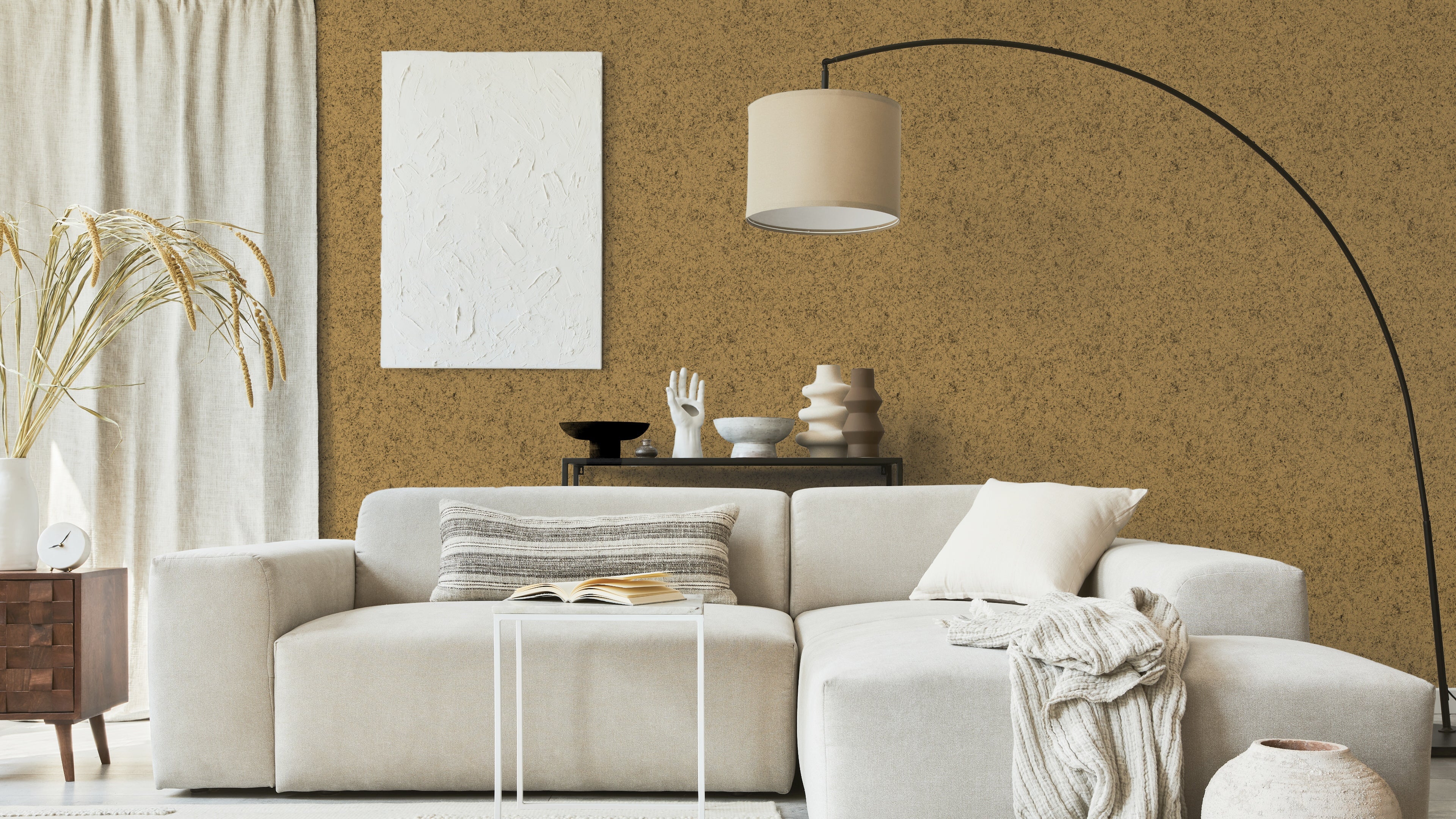 Reval Wallpaper Board Texture - Ockergul - Minimalistisk tapet med byggskivestruktur – högkvalitativ tapet för en personli...