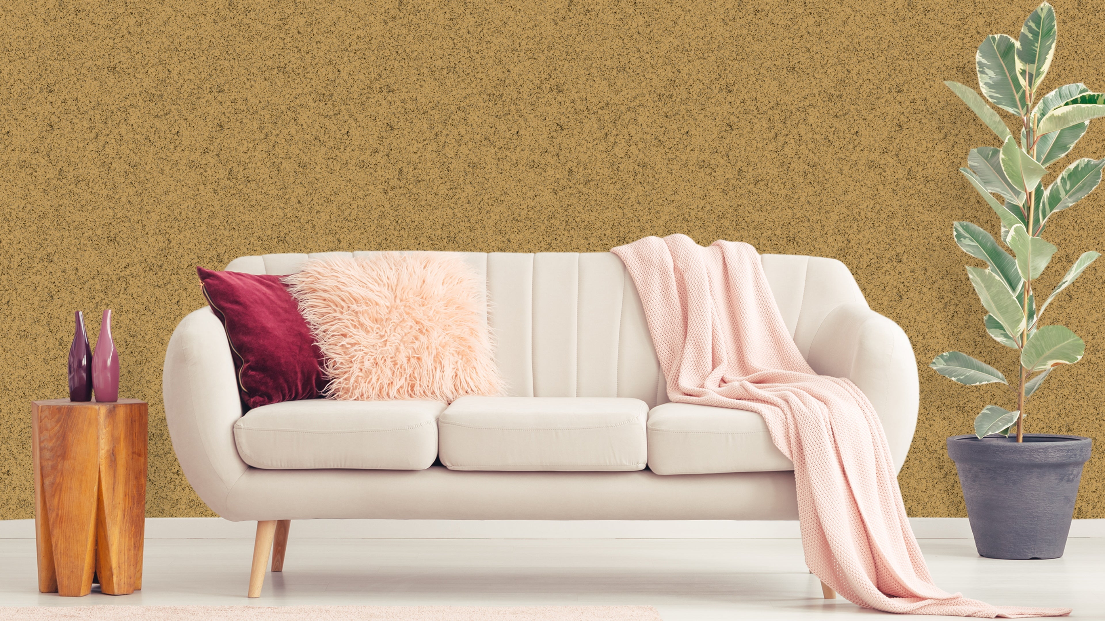 Reval Wallpaper Board Texture - Ockergul - Minimalistisk tapet med byggskivestruktur – högkvalitativ tapet för en personli...