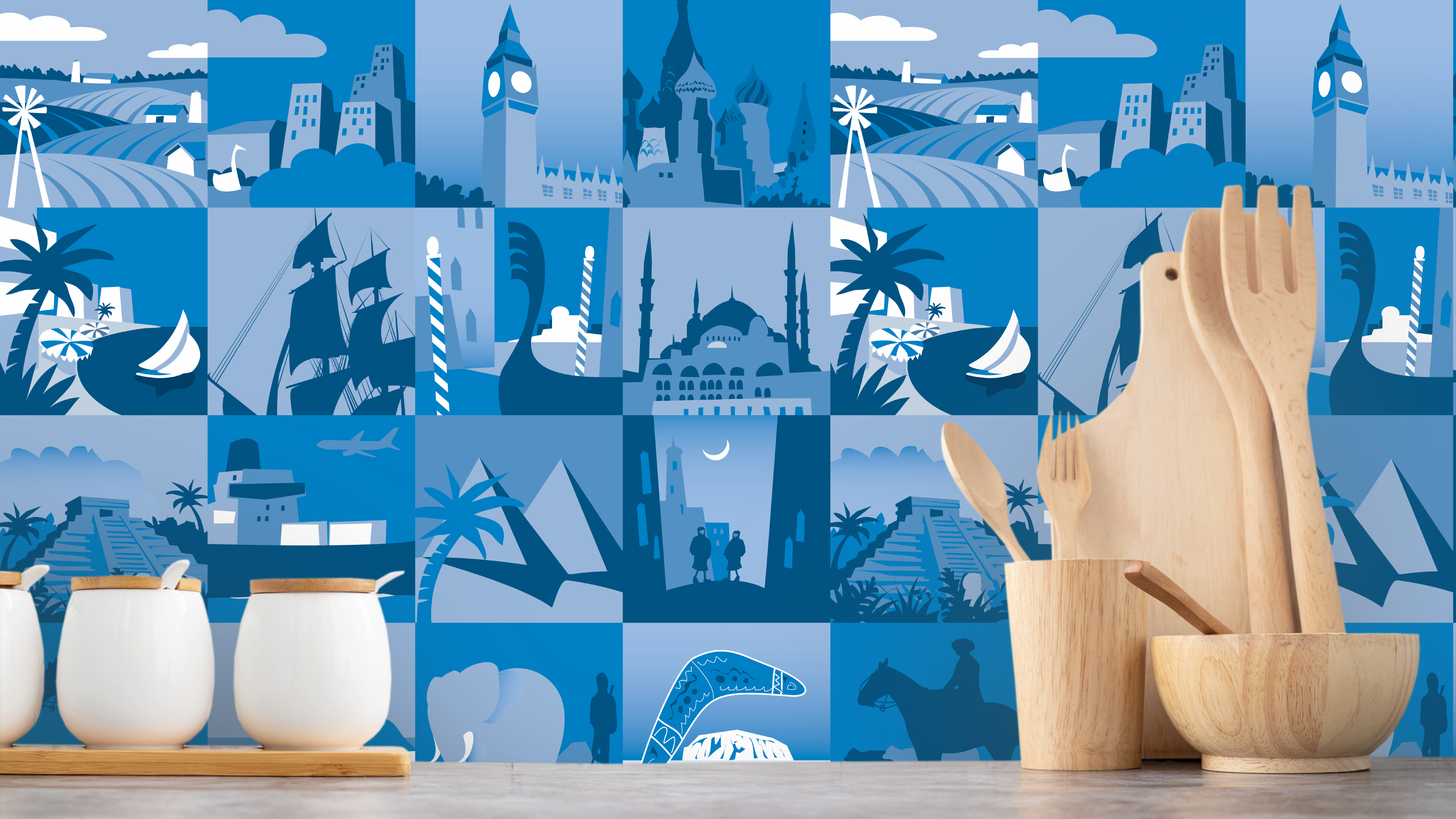 Jorden i byggsats - Blått kollage med världens alla hörn