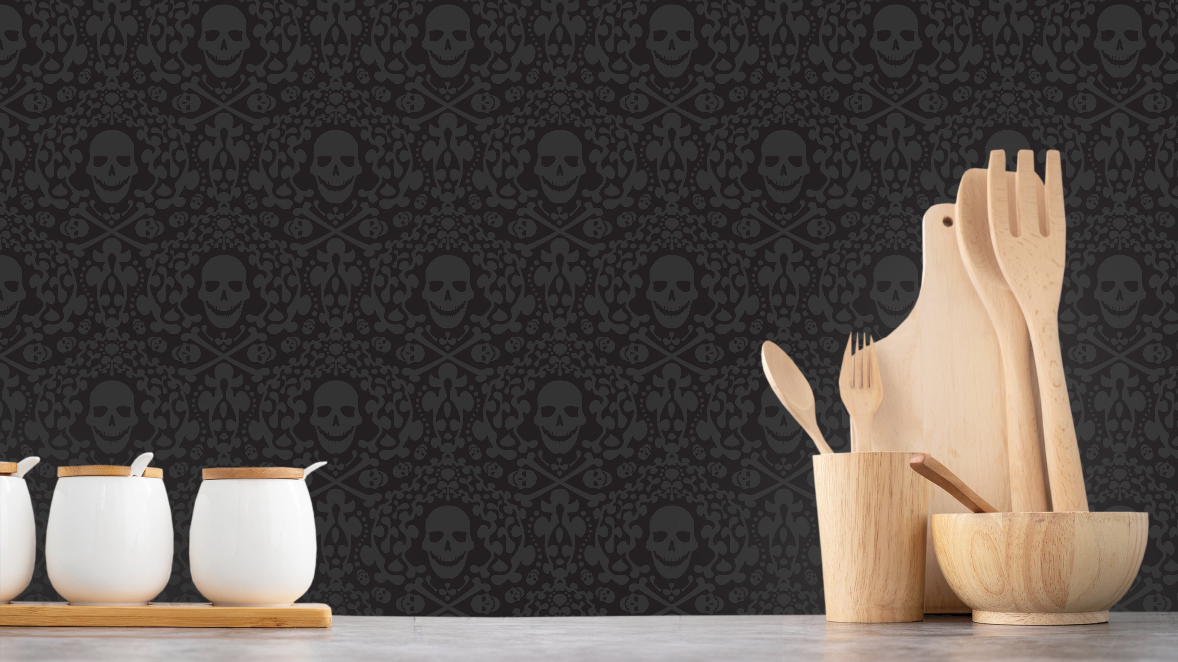 Happy Skulls - Svart - Tapet med lekfulla dödskallar för tuffa rum