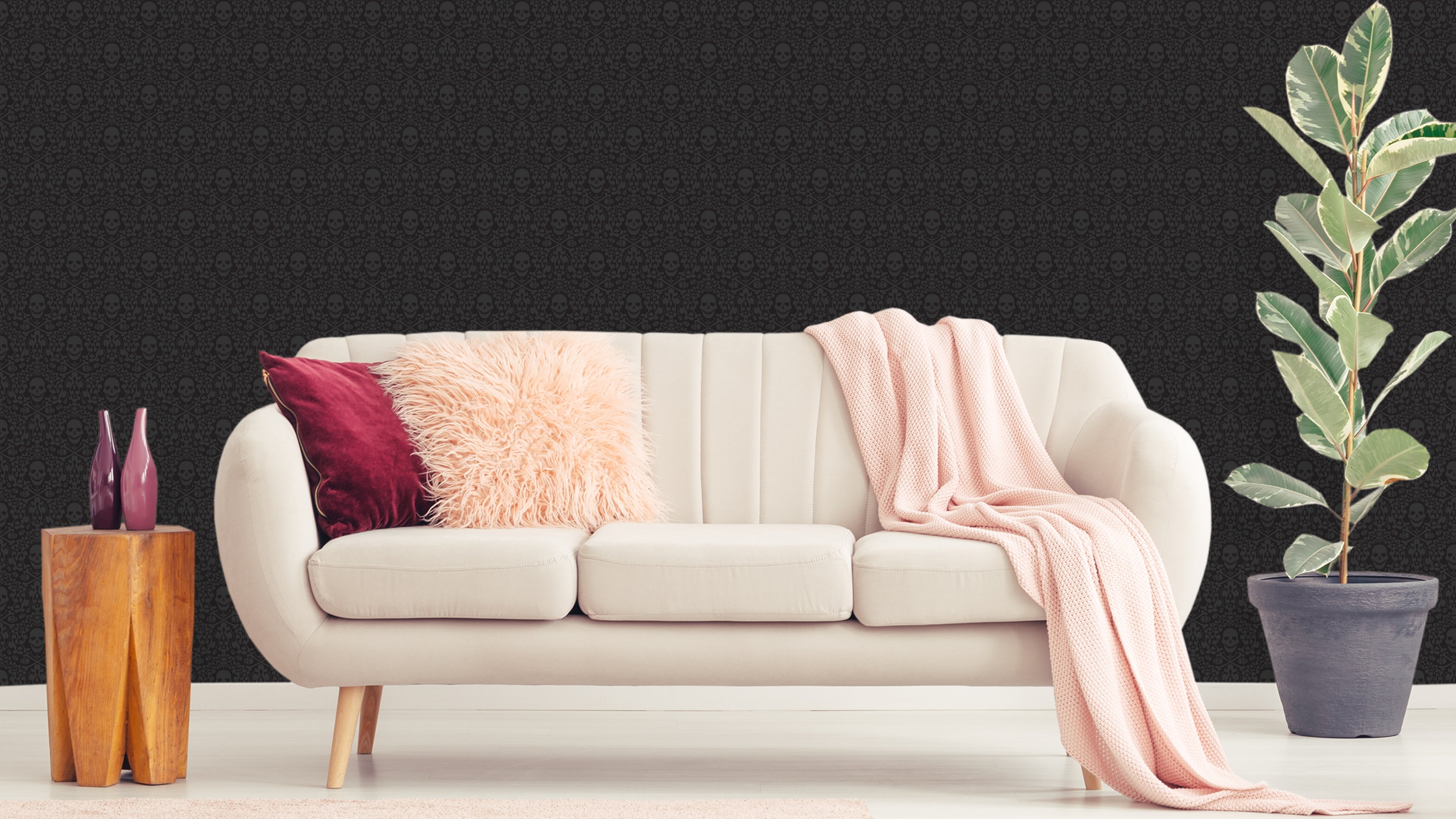 Happy Skulls - Svart - Tapet med lekfulla dödskallar för tuffa rum