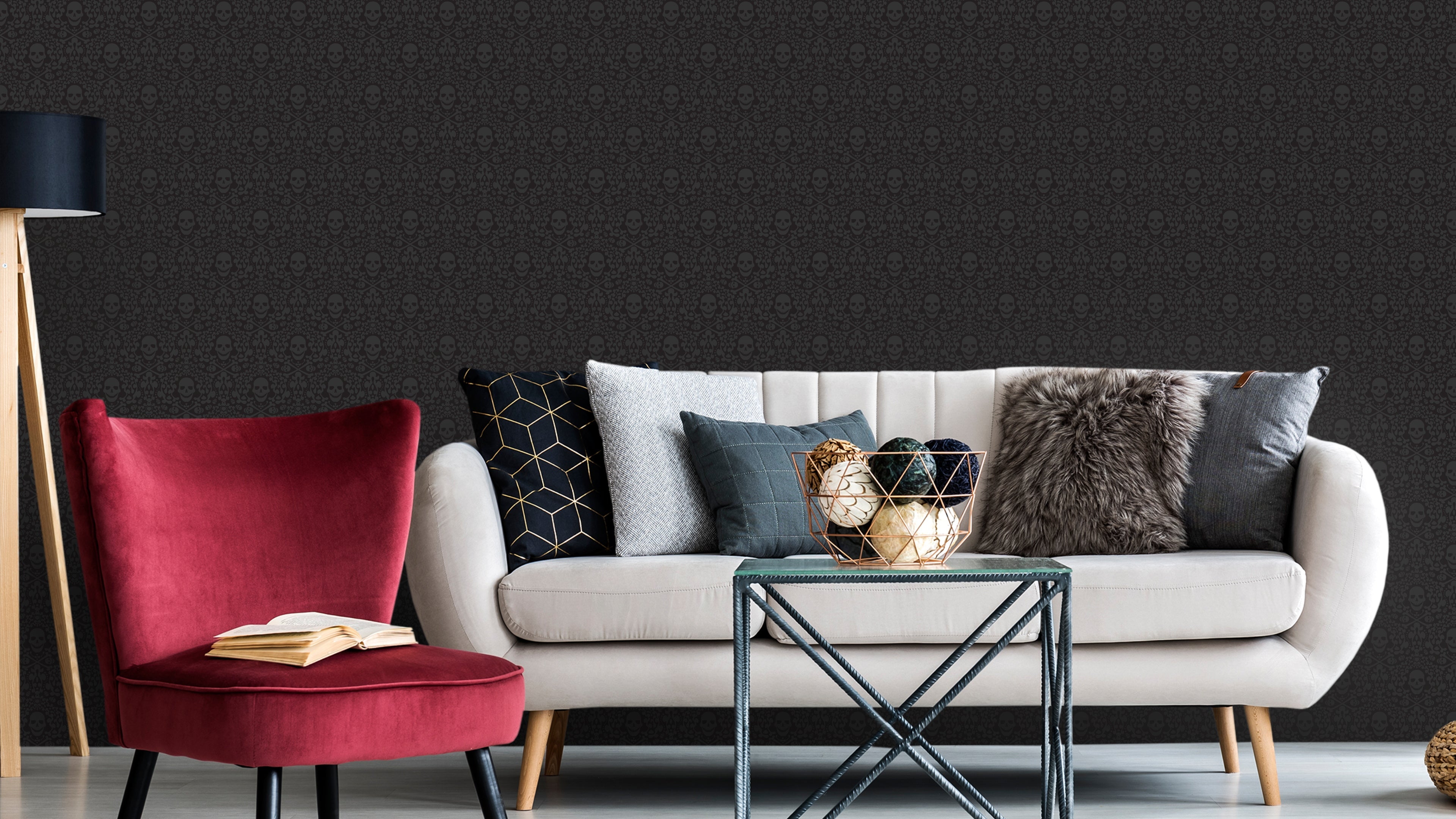 Happy Skulls - Svart - Tapet med lekfulla dödskallar för tuffa rum