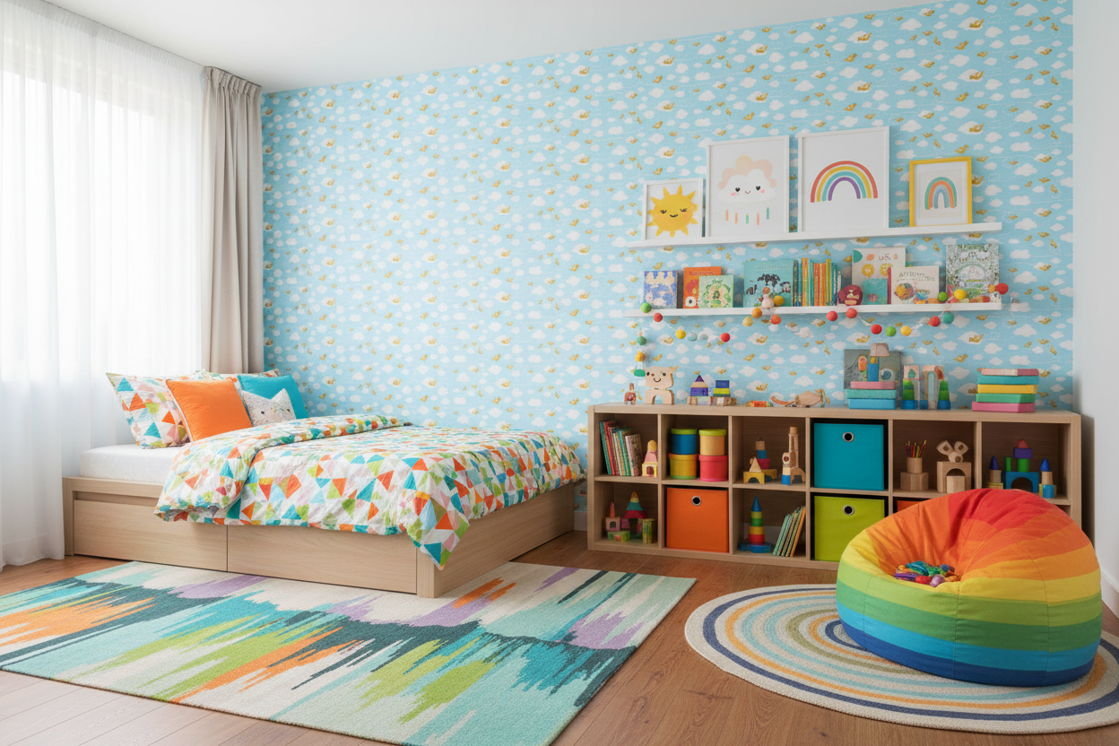 Birdies – Lekfull barntapet med fåglar och moln