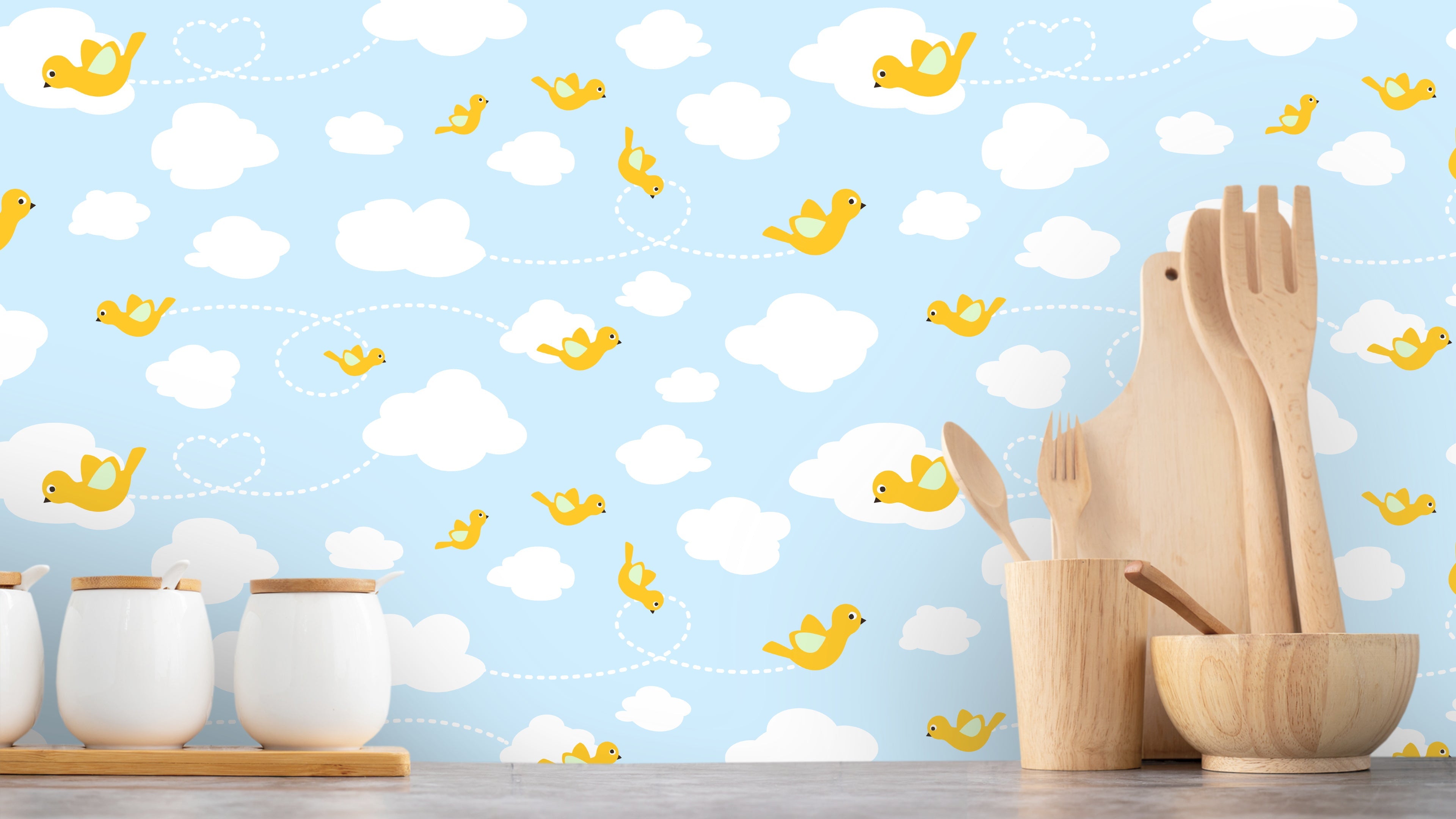 Reval Wallpaper Birdies – Lekfull barntapet med fåglar och moln – högkvalitativ tapet för en personlig och harmonisk vägg
