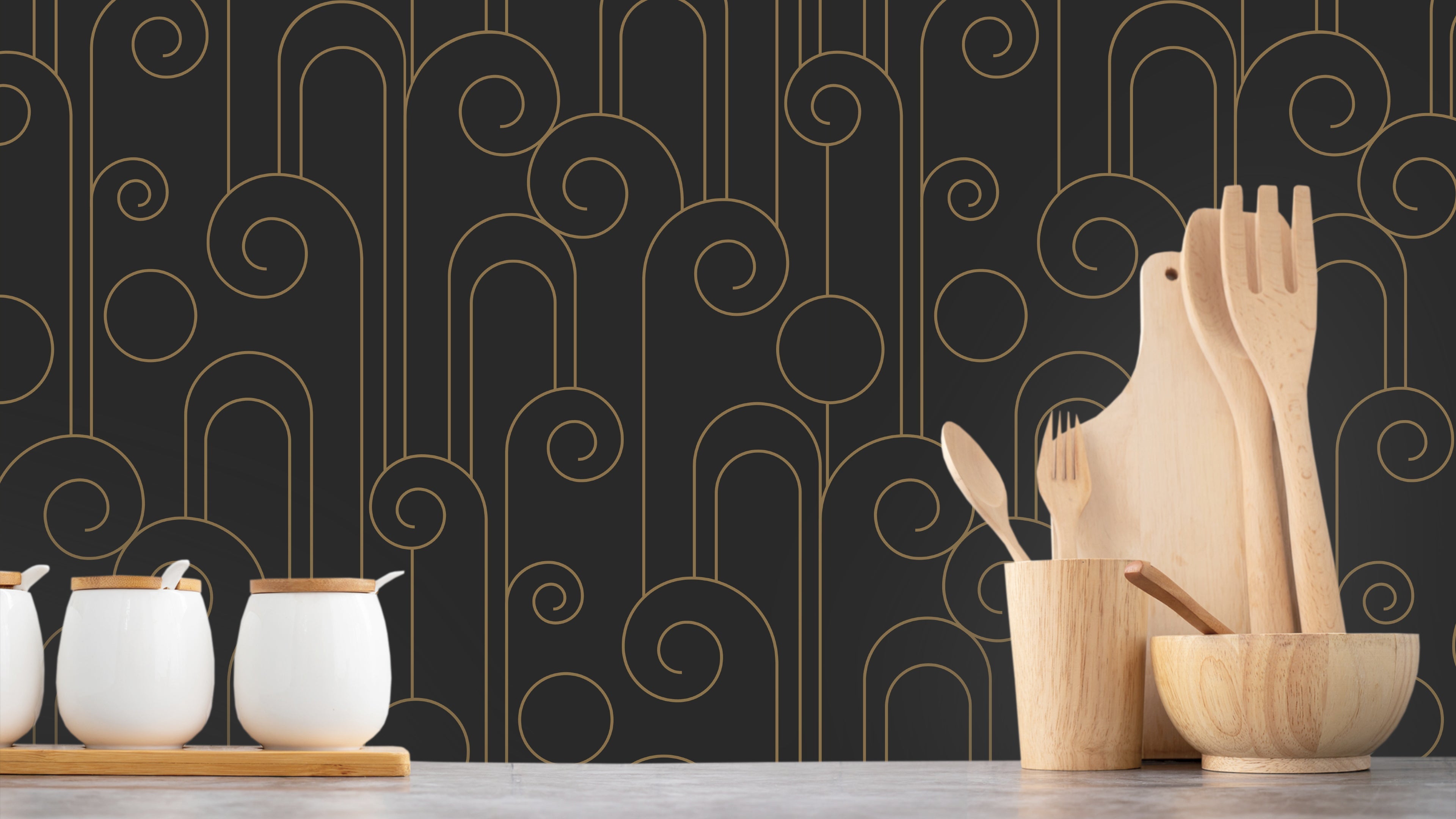 Curls - Tapet med art deco-inspirerade kurvor i brunt