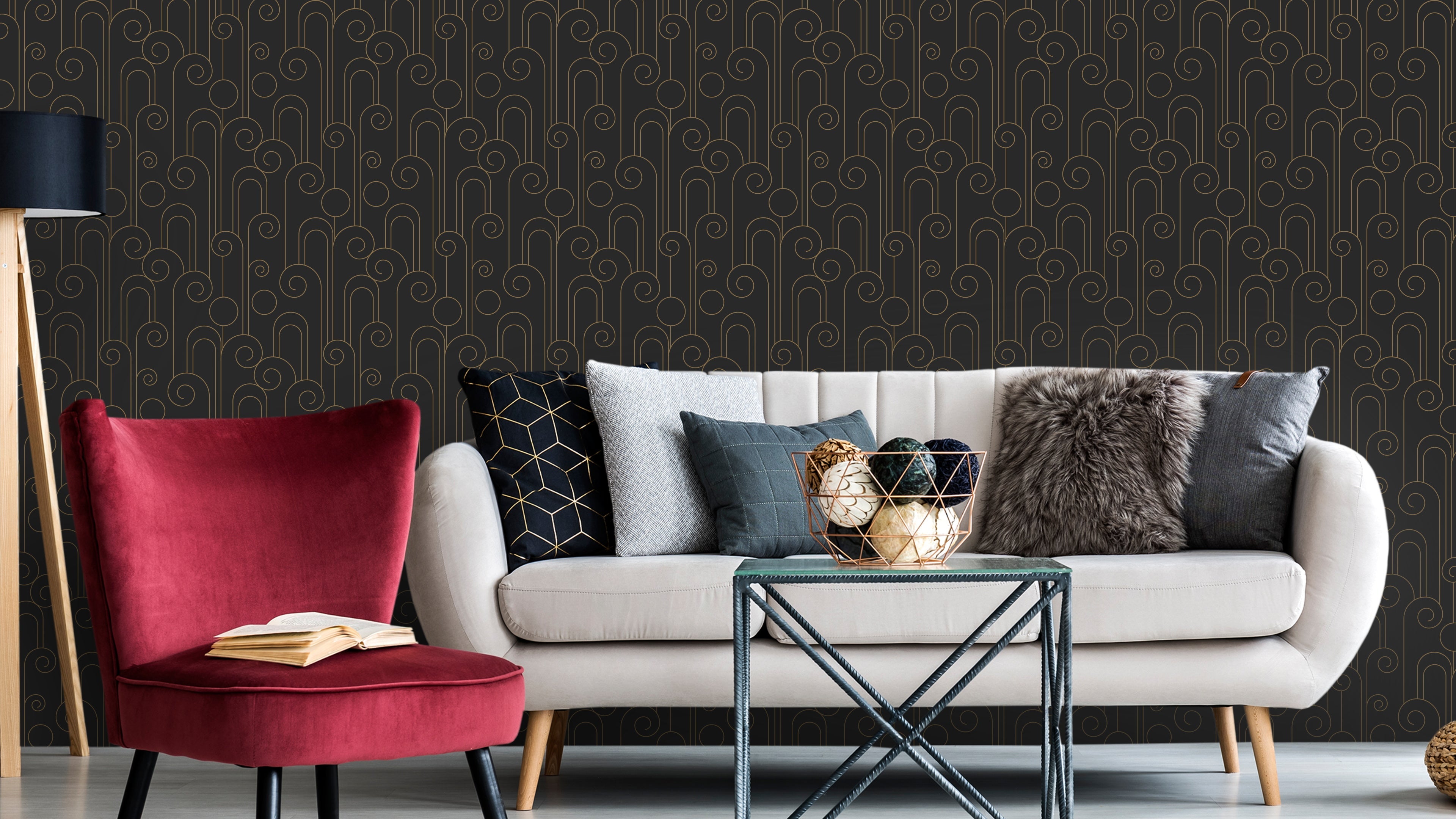 Curls - Tapet med art deco-inspirerade kurvor i brunt