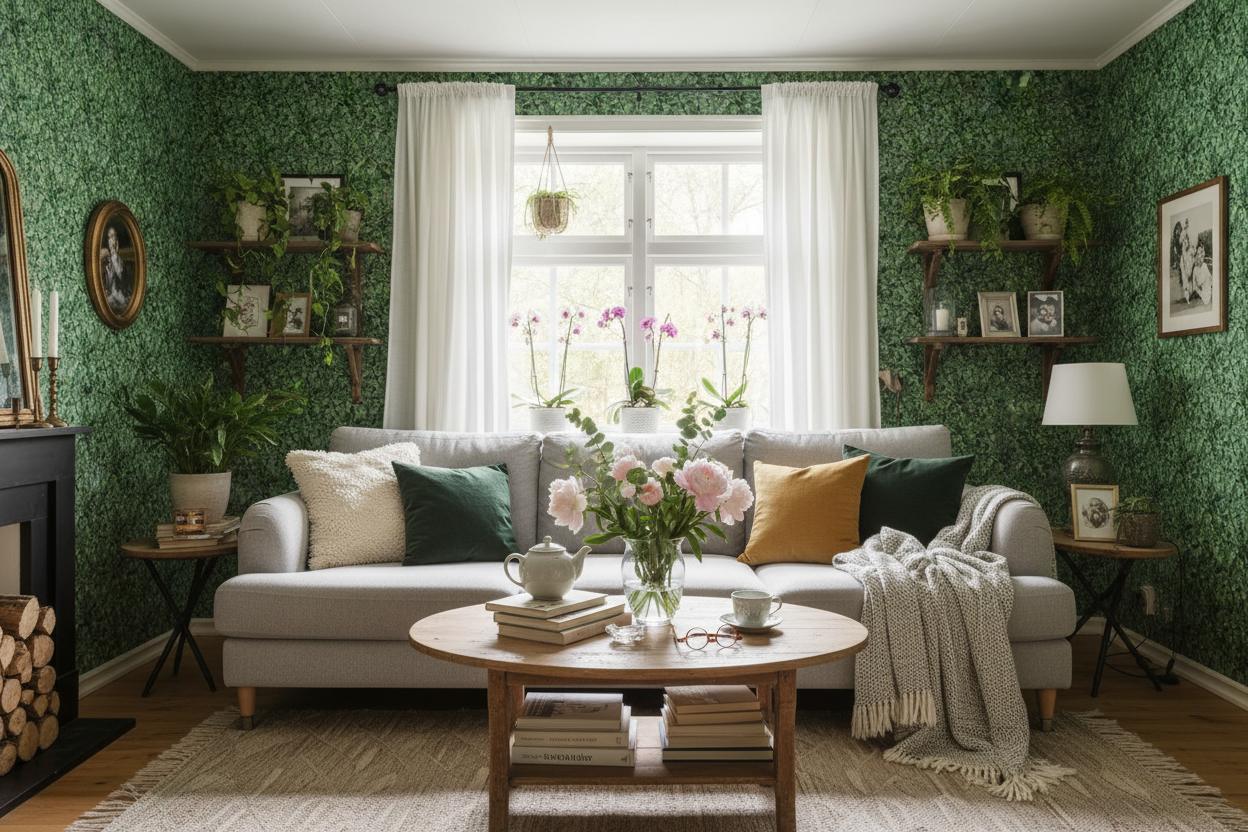 Schersmin - Grön - Klassisk tapet med djup färg och lantlig charm