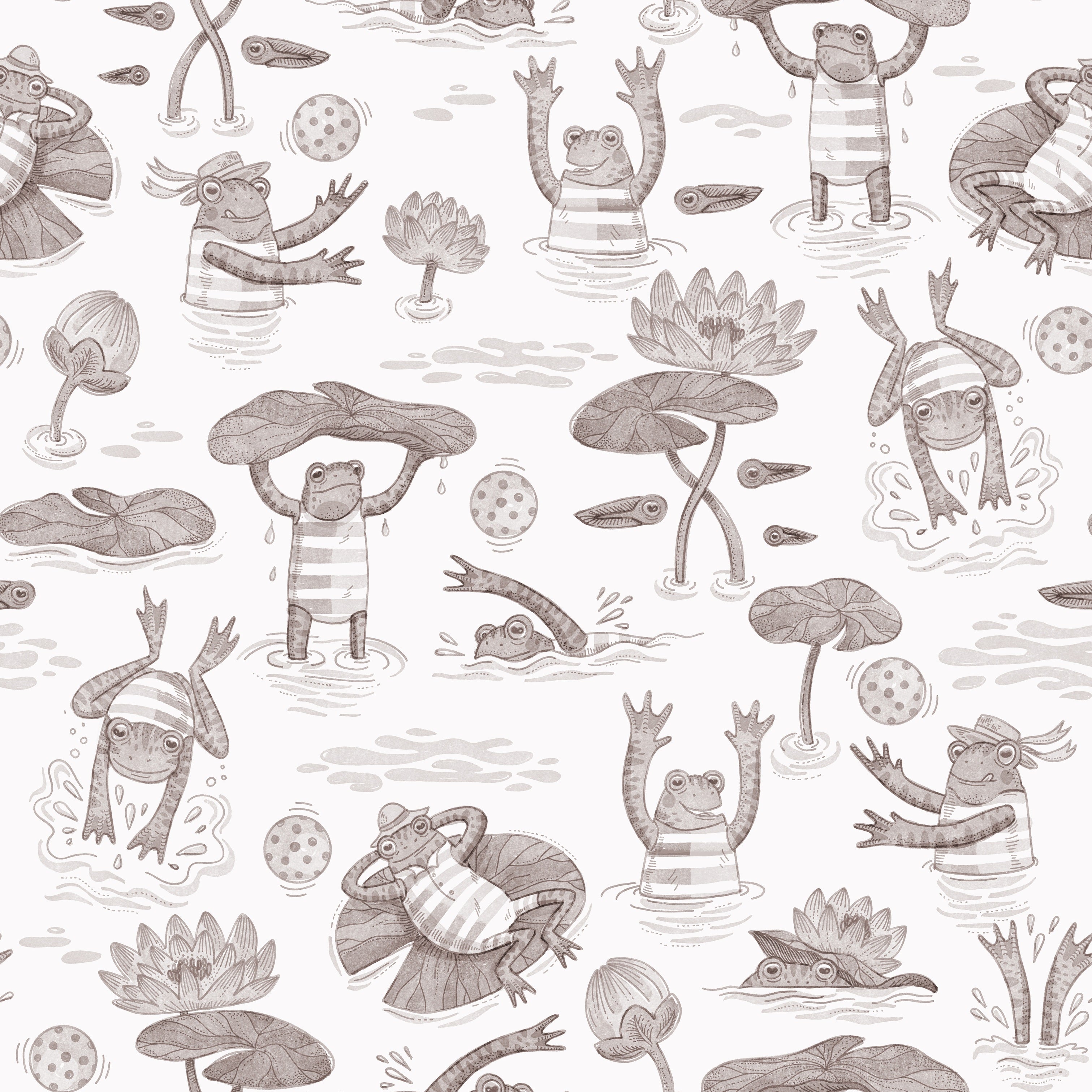 Badgroda - Grå - Barnrumstapet med grodor och näckrosor