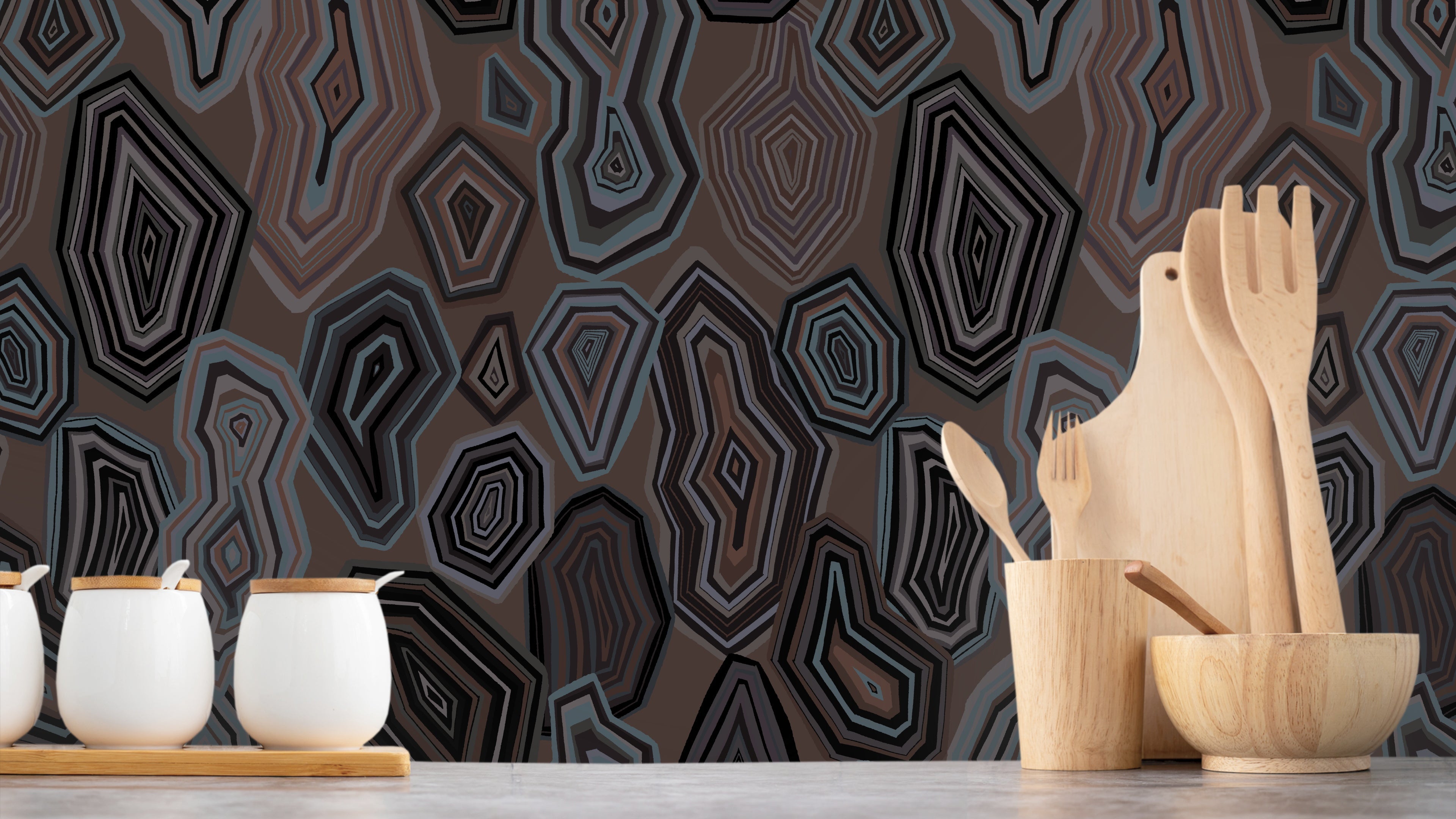 Agate Lava – Tapet med retro stormönster i varma bruna toner