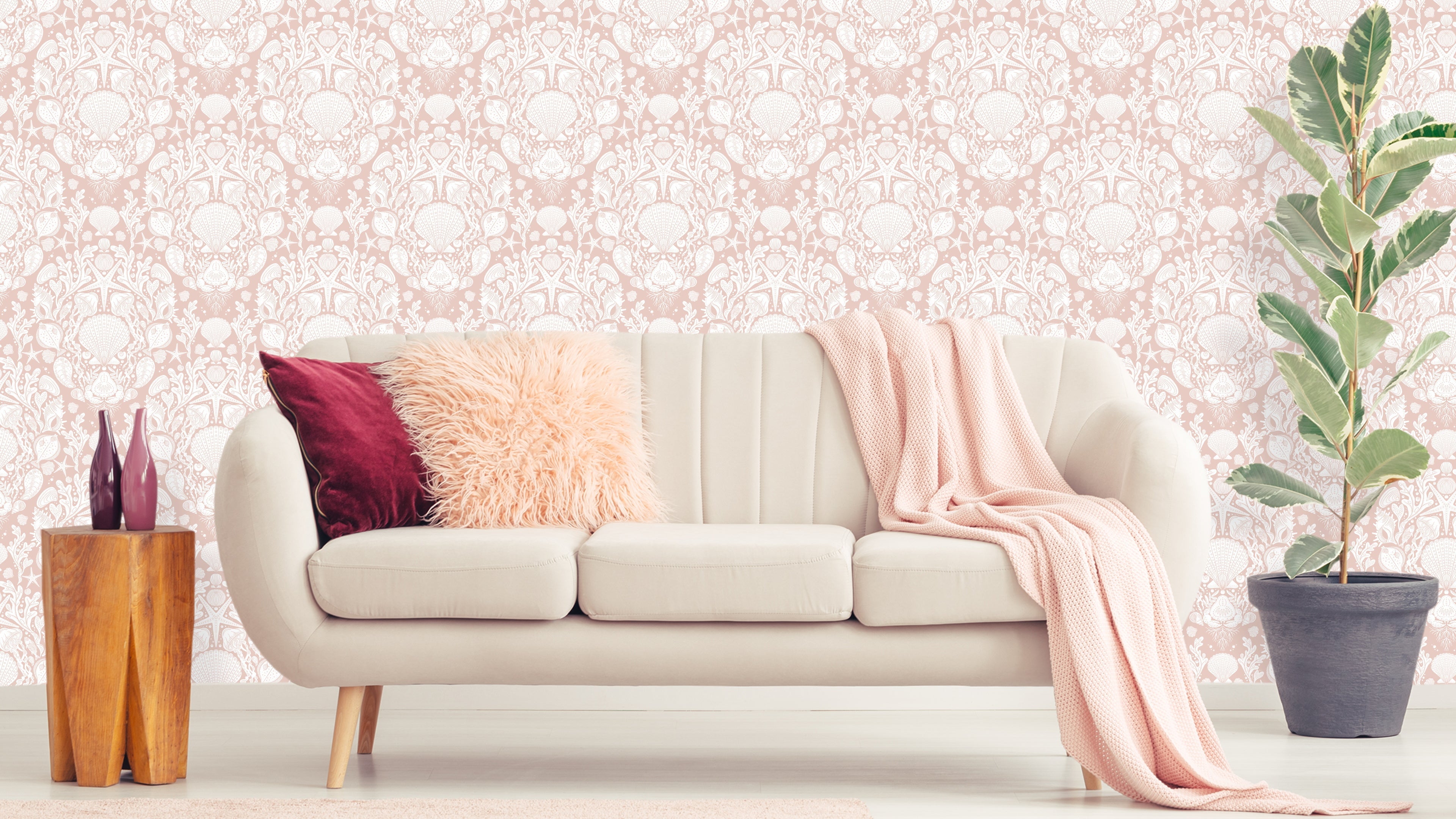 Deep Sea Damask - Blush – Marin tapet med havsdjur och växter