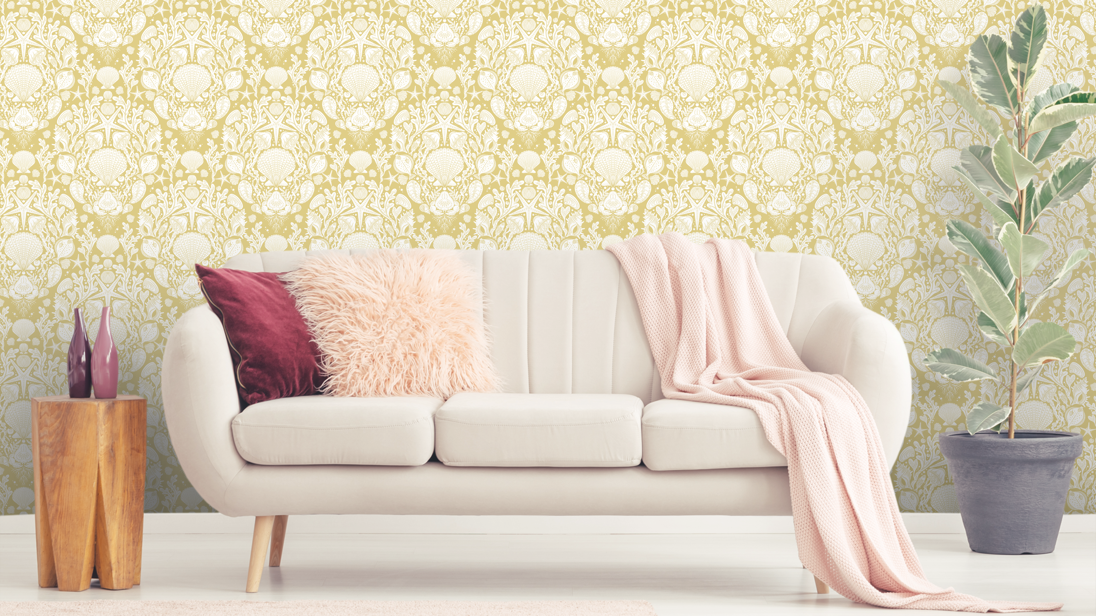 Deep Sea Damask - Sunny – Marin tapet med havsdjur och växter