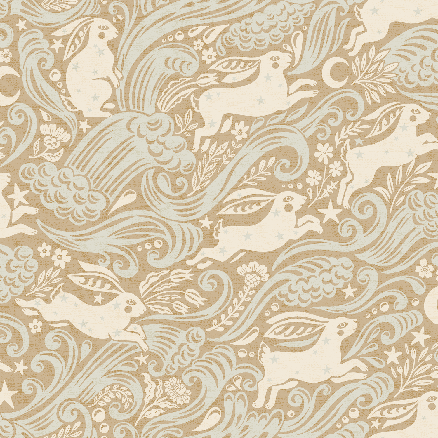 Celestial Sea Rabbit - half drop - Sandman - Tapet med kaniner och tulpaner i varma toner