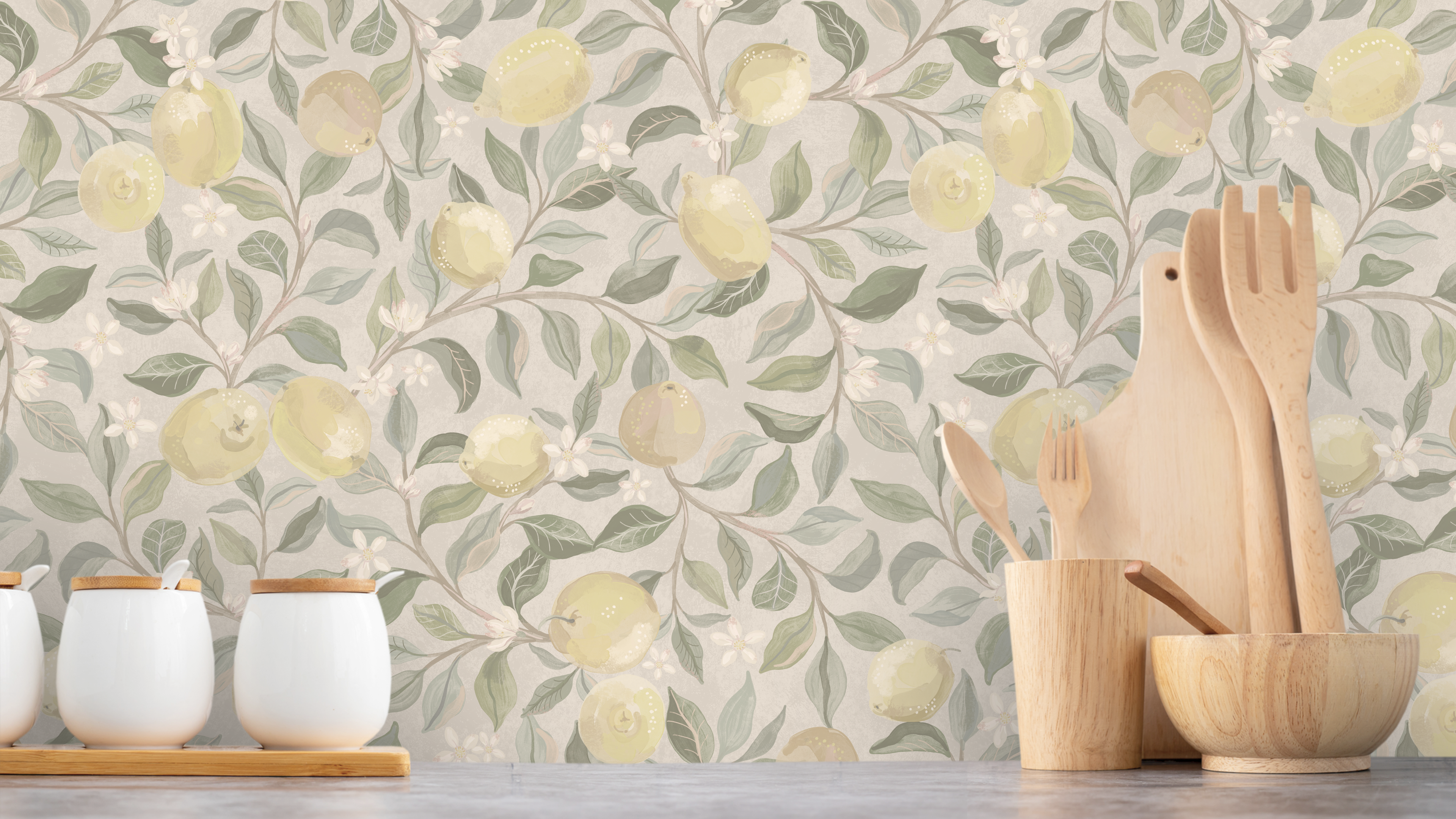 Reval Wallpaper Luscious Lemons - Pearl Stucco - Tapet med citroner i pastellfärger – högkvalitativ tapet för en personlig...