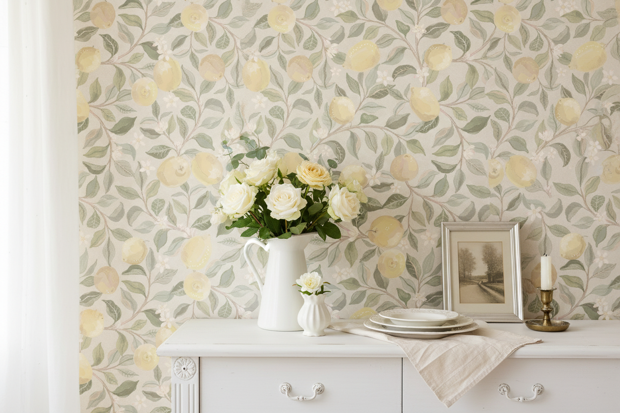 Reval Wallpaper Luscious Lemons - Pearl Stucco - Tapet med citroner i pastellfärger – högkvalitativ tapet för en personlig...
