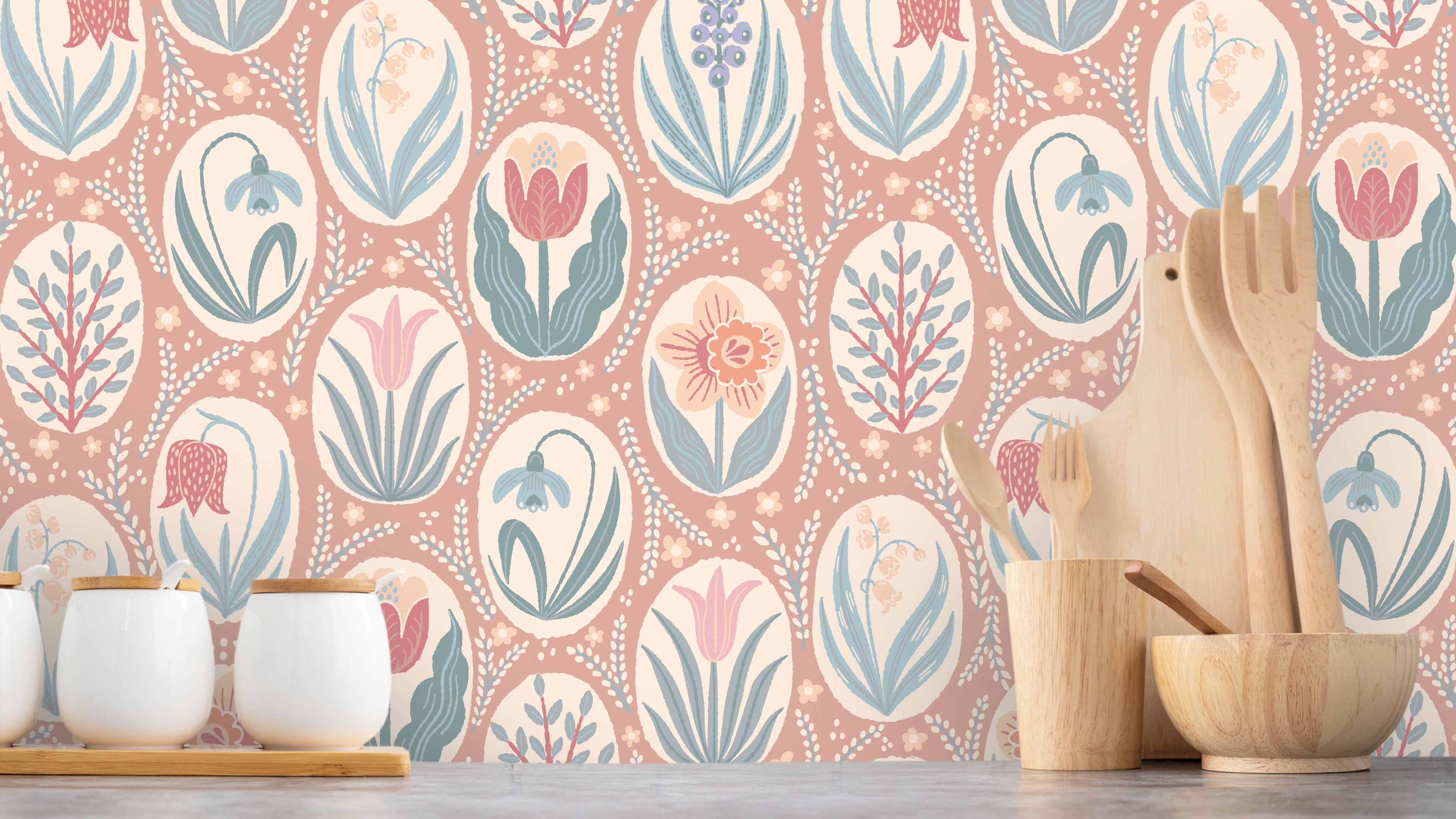 Vårrabatt Terracotta - Blommig tapet med vårens fräschör