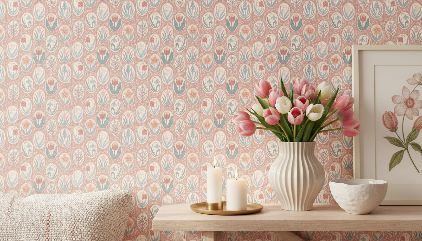 Vårrabatt Terracotta - Blommig tapet med vårens fräschör