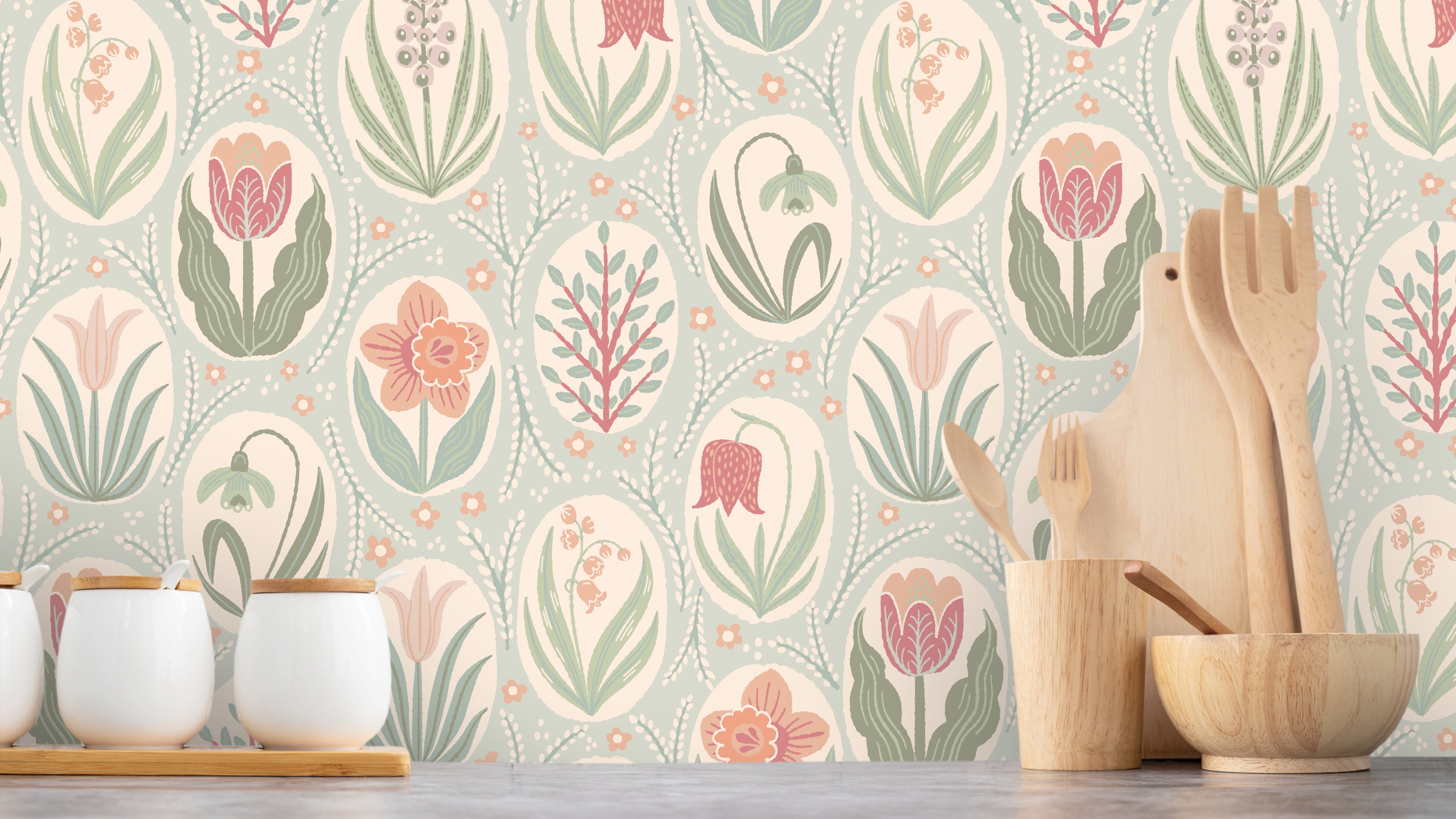 Vårrabatt Frost – Blommig tapet med tulpaner och vårkänslor