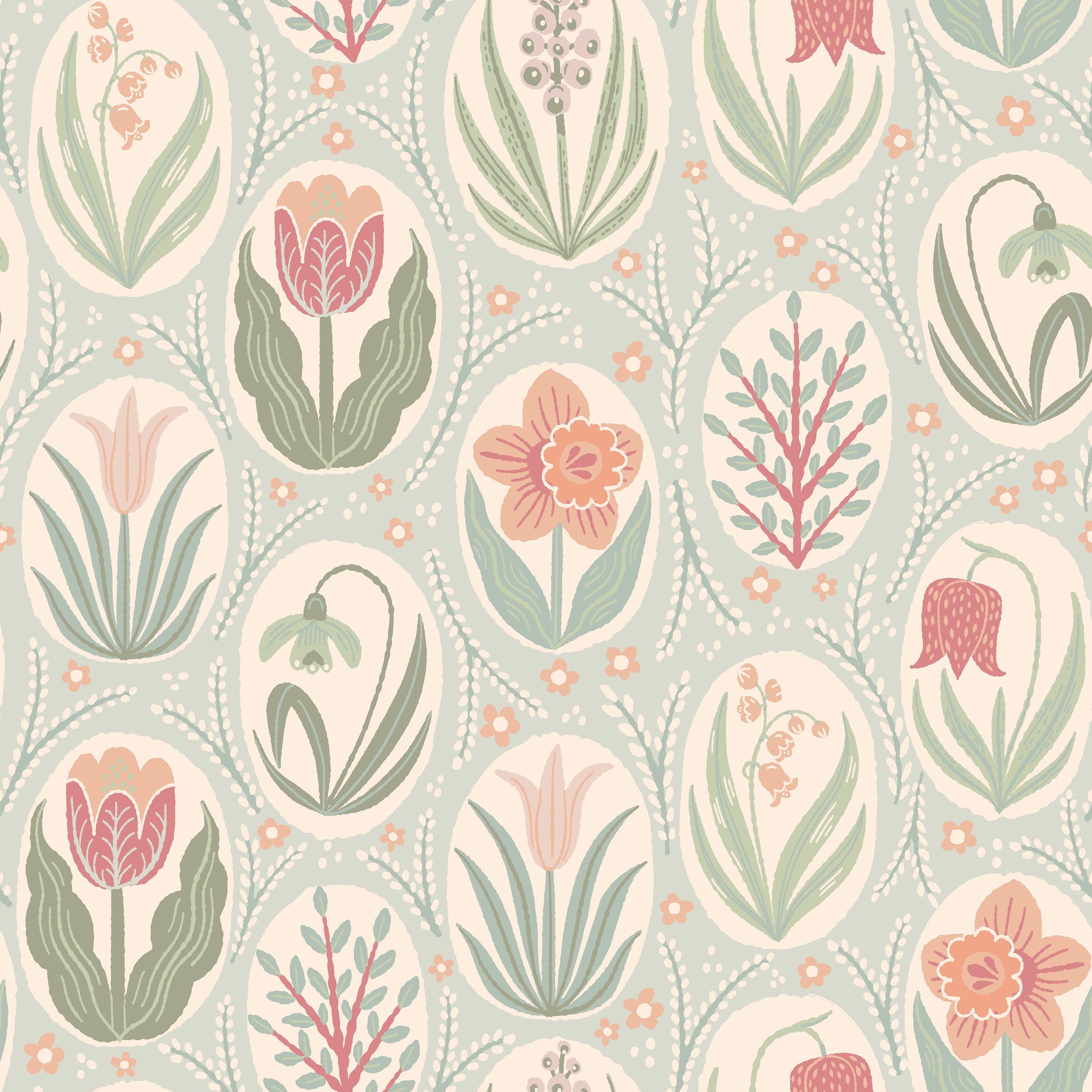 Vårrabatt Frost – Blommig tapet med tulpaner och vårkänslor