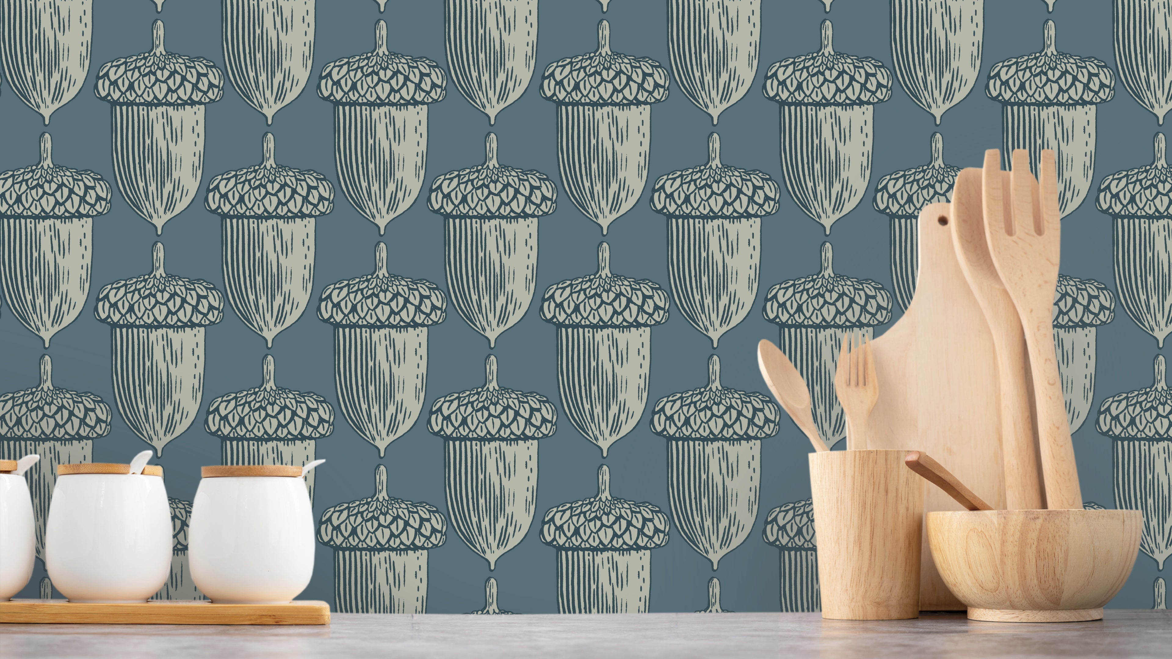Acorn Midnight - Blå – Tapet med ekollonmönster i midnattsblå