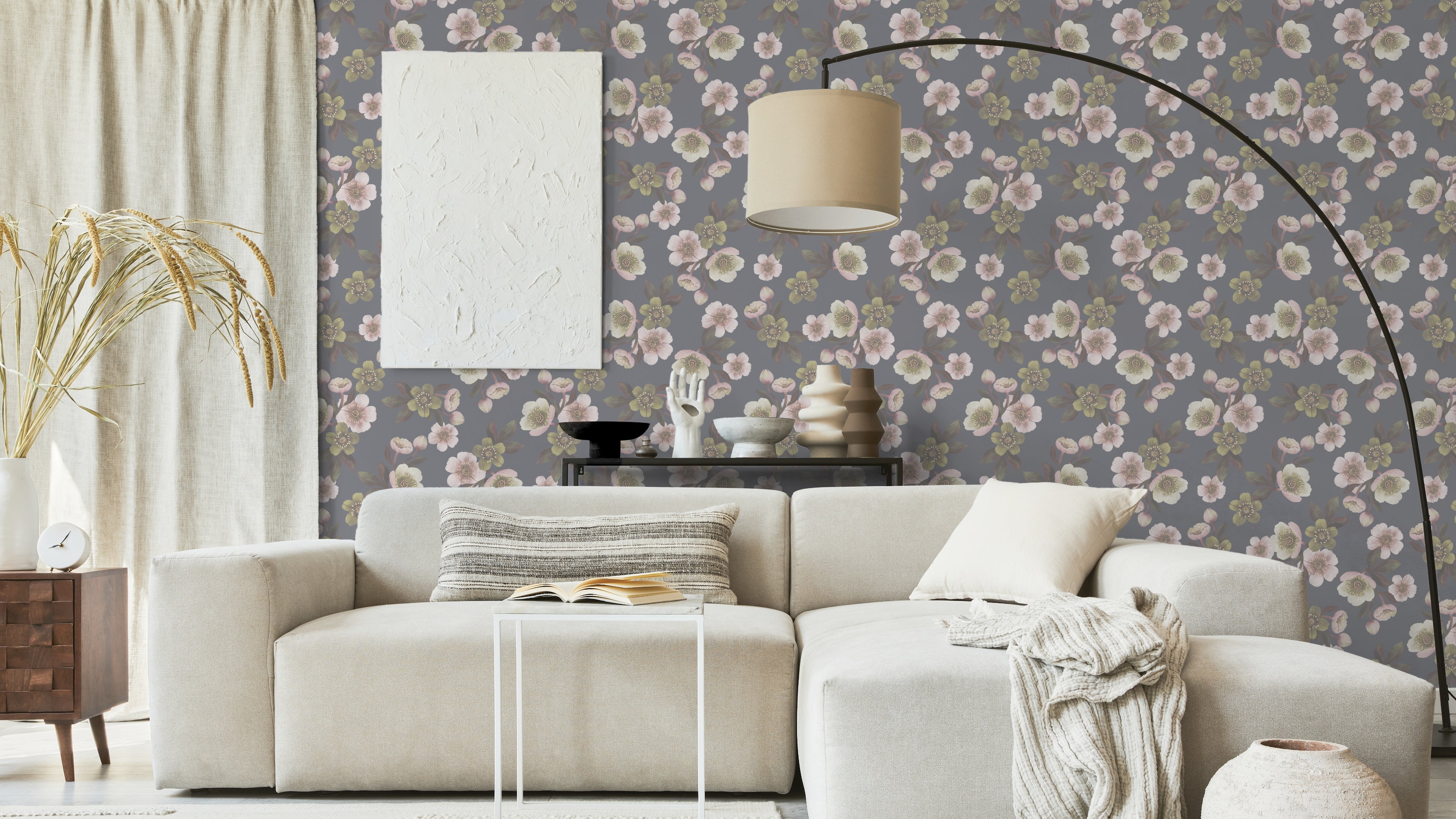 Hellebores - Slate - Tapet med julrosor i elegant grått