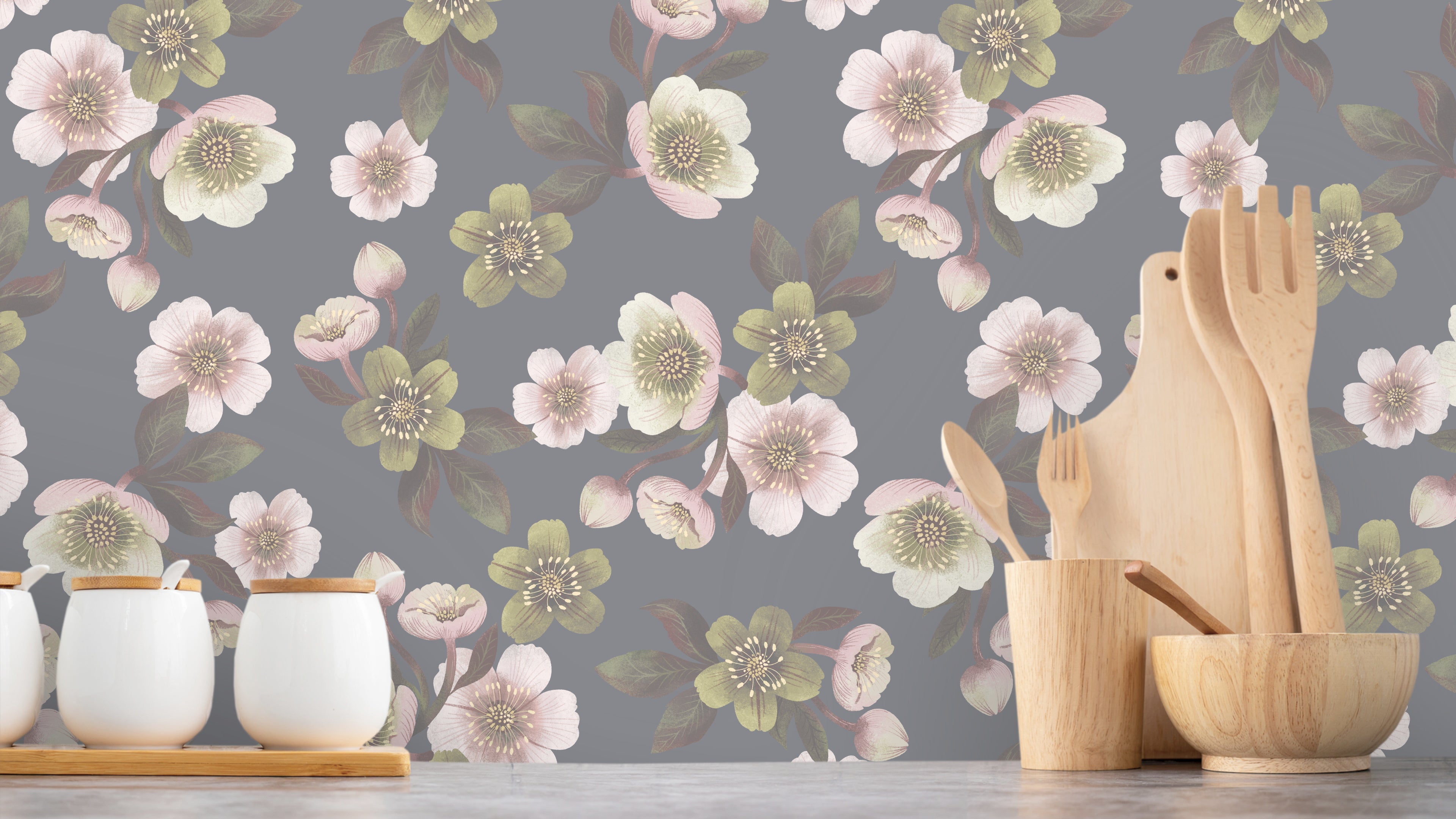 Hellebores - Slate - Tapet med julrosor i elegant grått