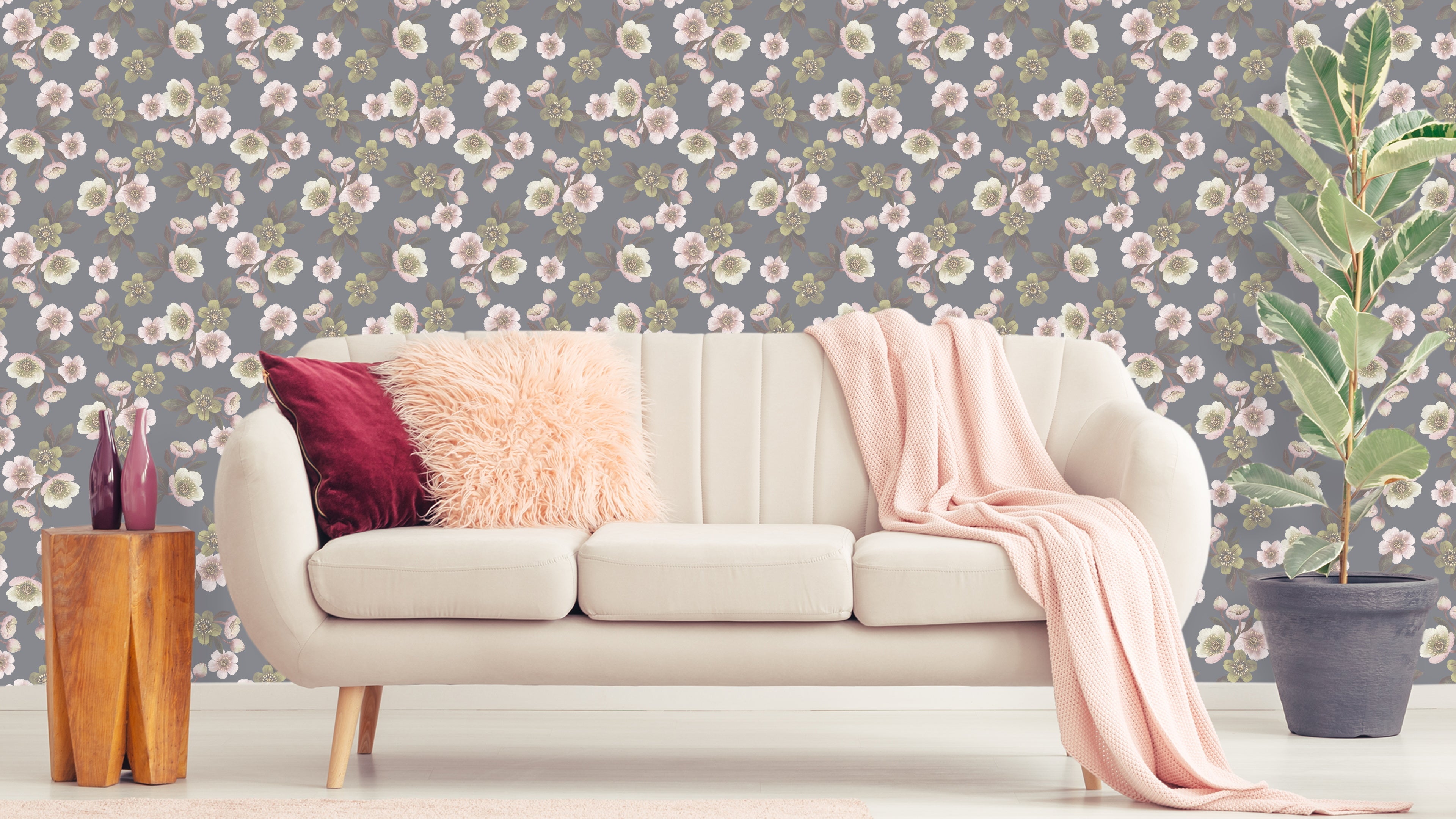 Hellebores - Slate - Tapet med julrosor i elegant grått