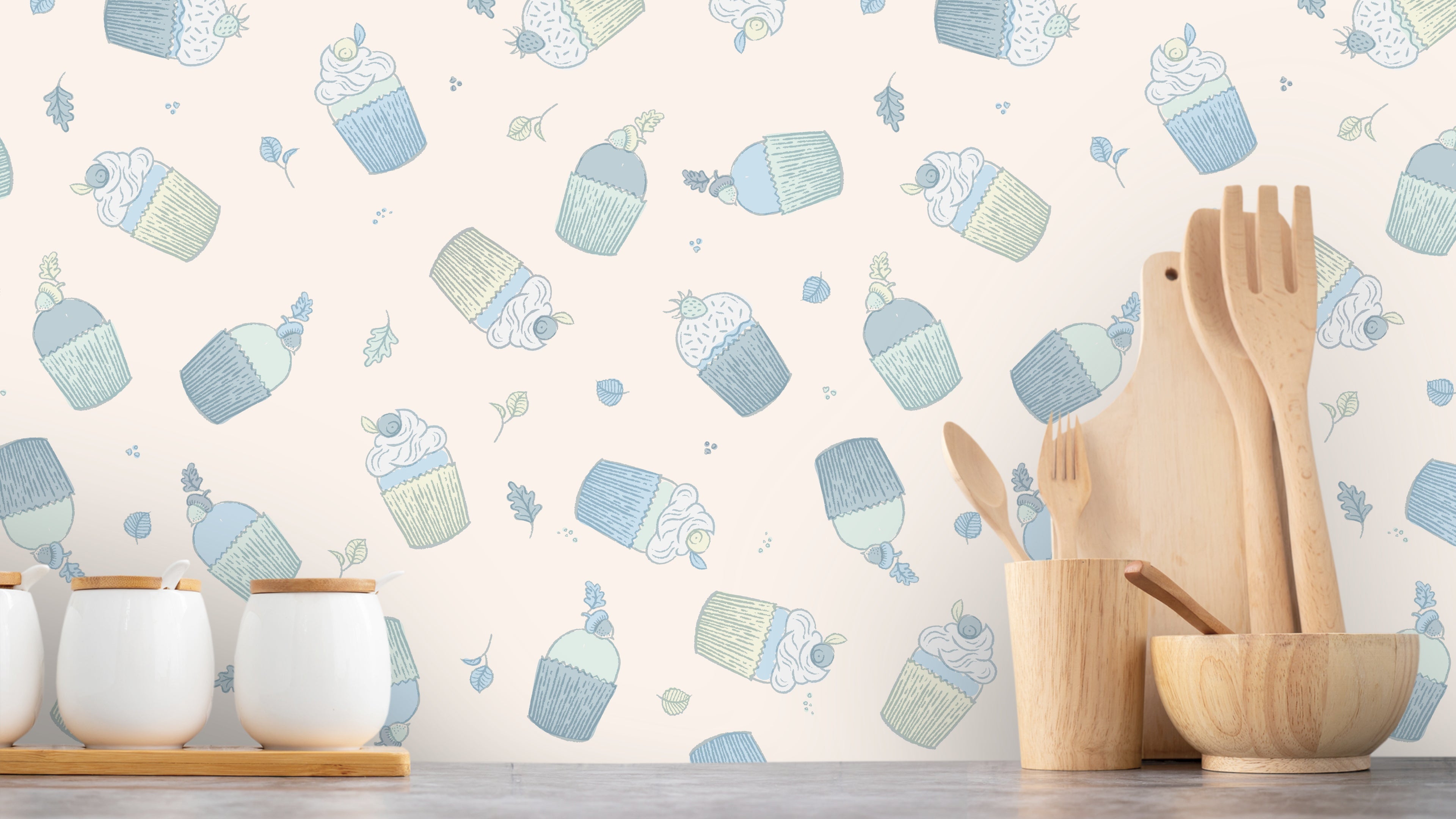 Reval Wallpaper Cupcakes - Blå – Söt barntapet med flygande cupcakes – högkvalitativ tapet för en personlig och harmonisk ...