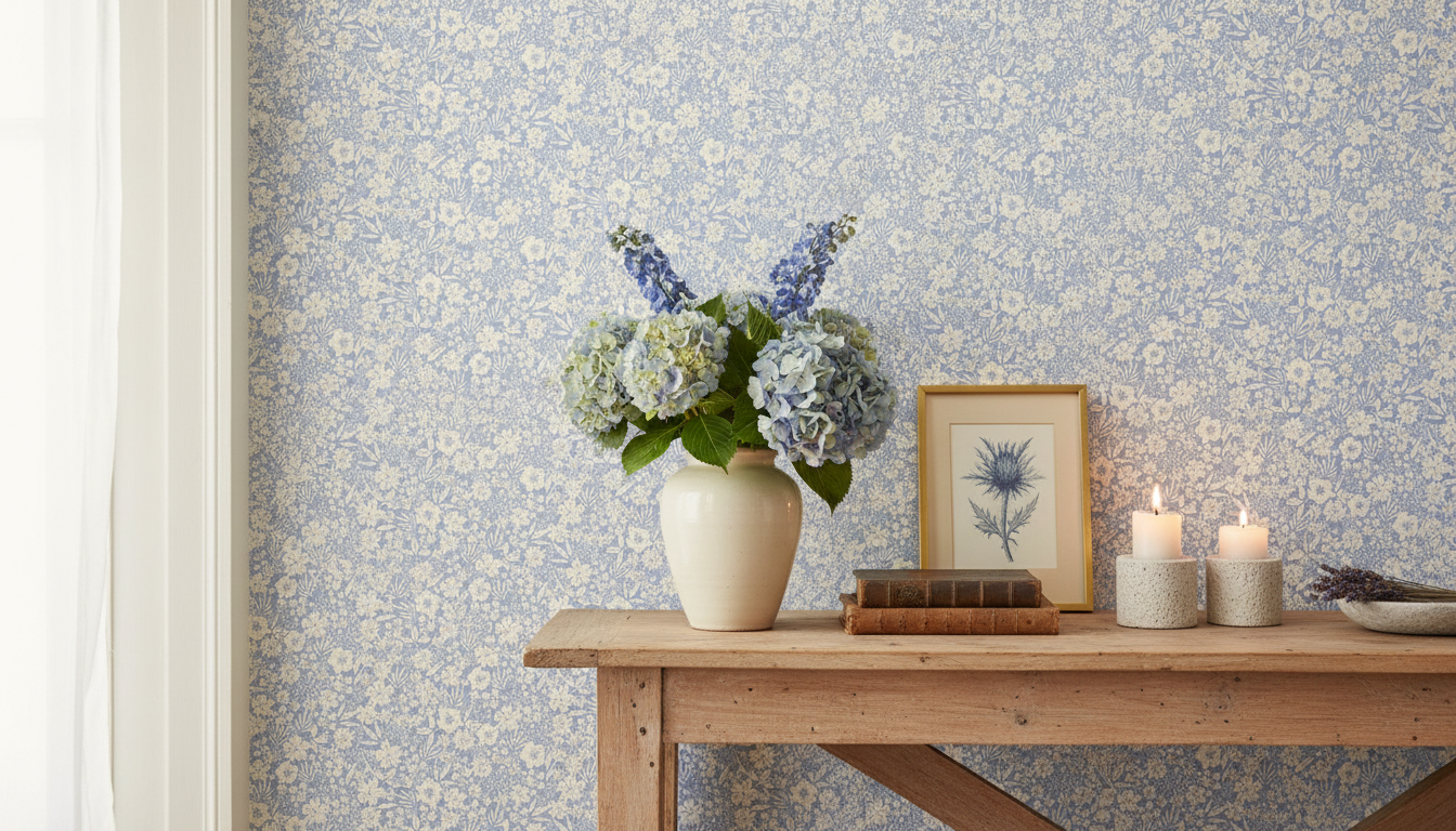Reval Wallpaper Joanie - Half Drop - Blå – Elegant tapet med romantiska blommor – högkvalitativ tapet för en personlig och...