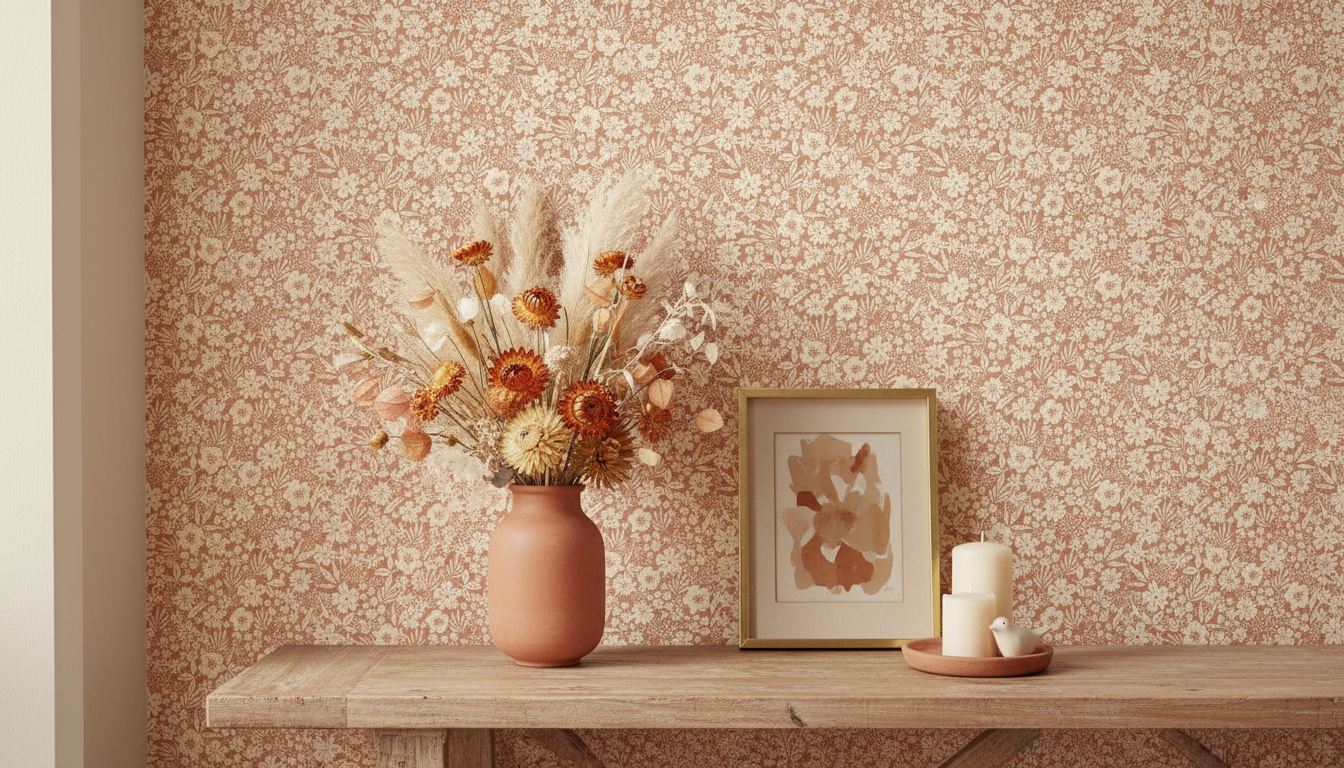 Joanie - Half Drop - Toffee – Varm tapet med romantiska blommor