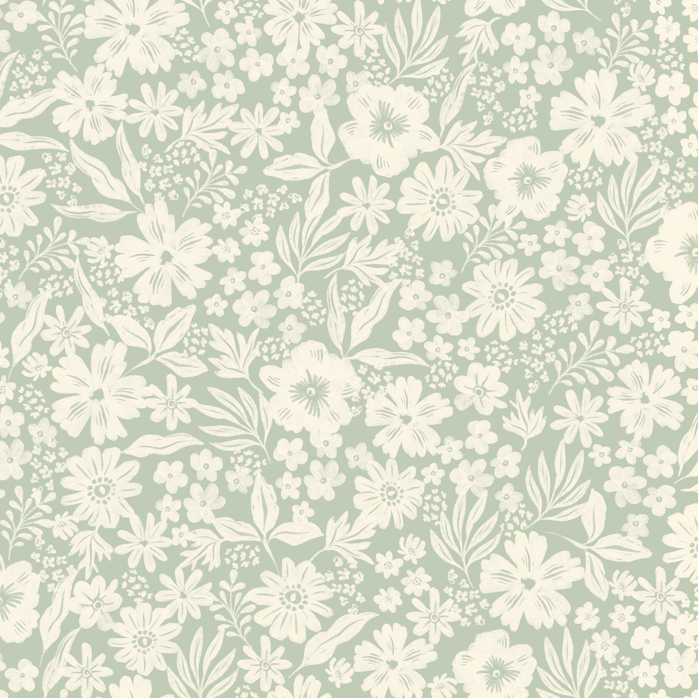 Joanie - Half Drop - Sage – Elegant tapet med gröna blommor
