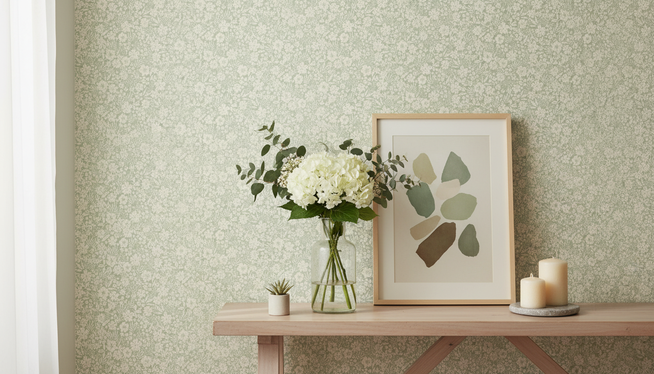 Reval Wallpaper Joanie - Half Drop - Sage – Elegant tapet med gröna blommor – högkvalitativ tapet för en personlig och har...