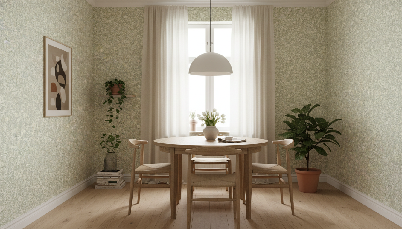 Reval Wallpaper Joanie - Half Drop - Sage – Elegant tapet med gröna blommor – högkvalitativ tapet för en personlig och har...
