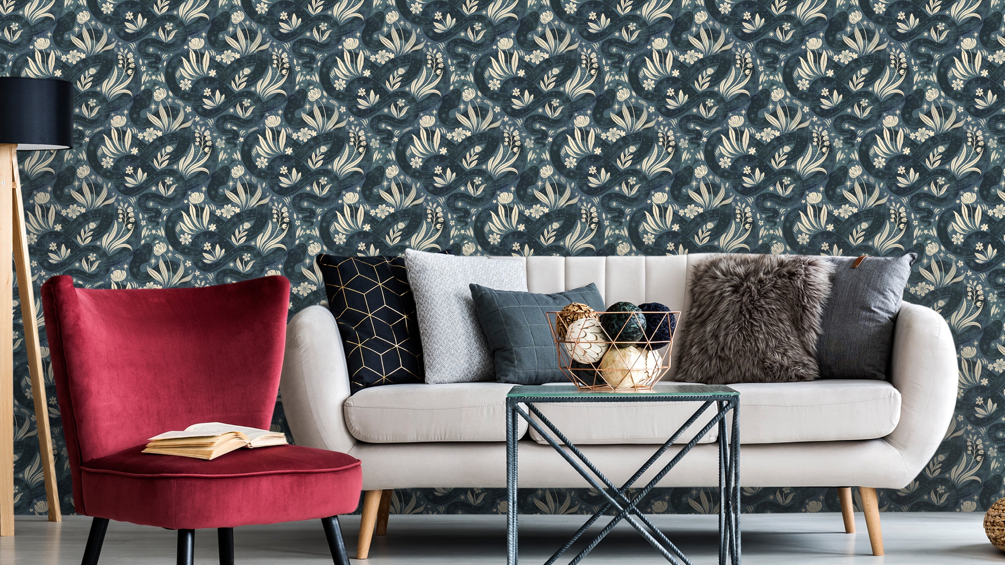 Space Serpent - Teal Blå/Beige Tapet med slingrande ormar och växter